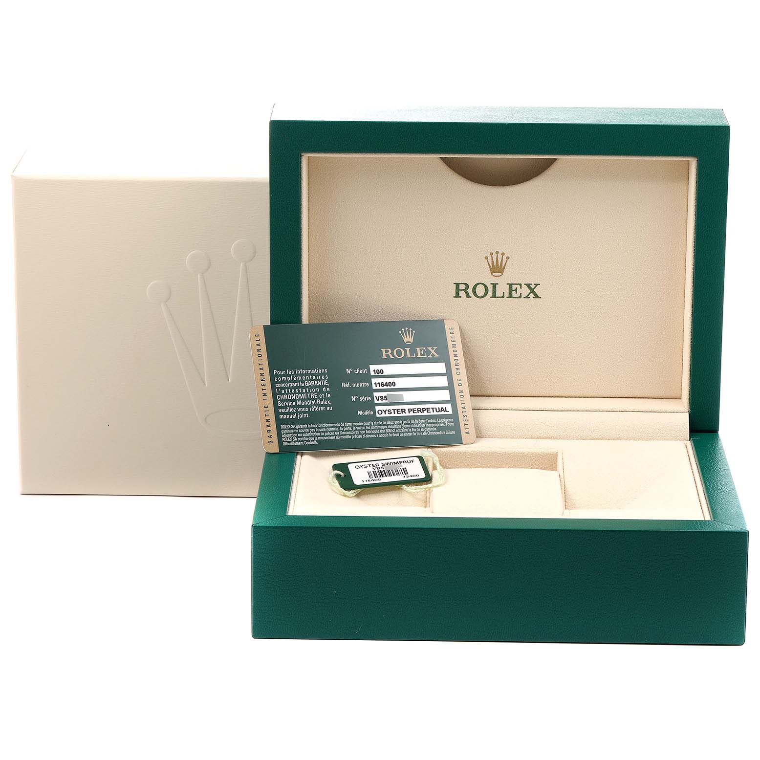 The image shows a Rolex Milgauss 116400 Men
s Stainless Steel Black Dial 116400 Men
s Stainless Steel Black Dial watch box, warranty card, and a tag, all arranged at a slight top angle.