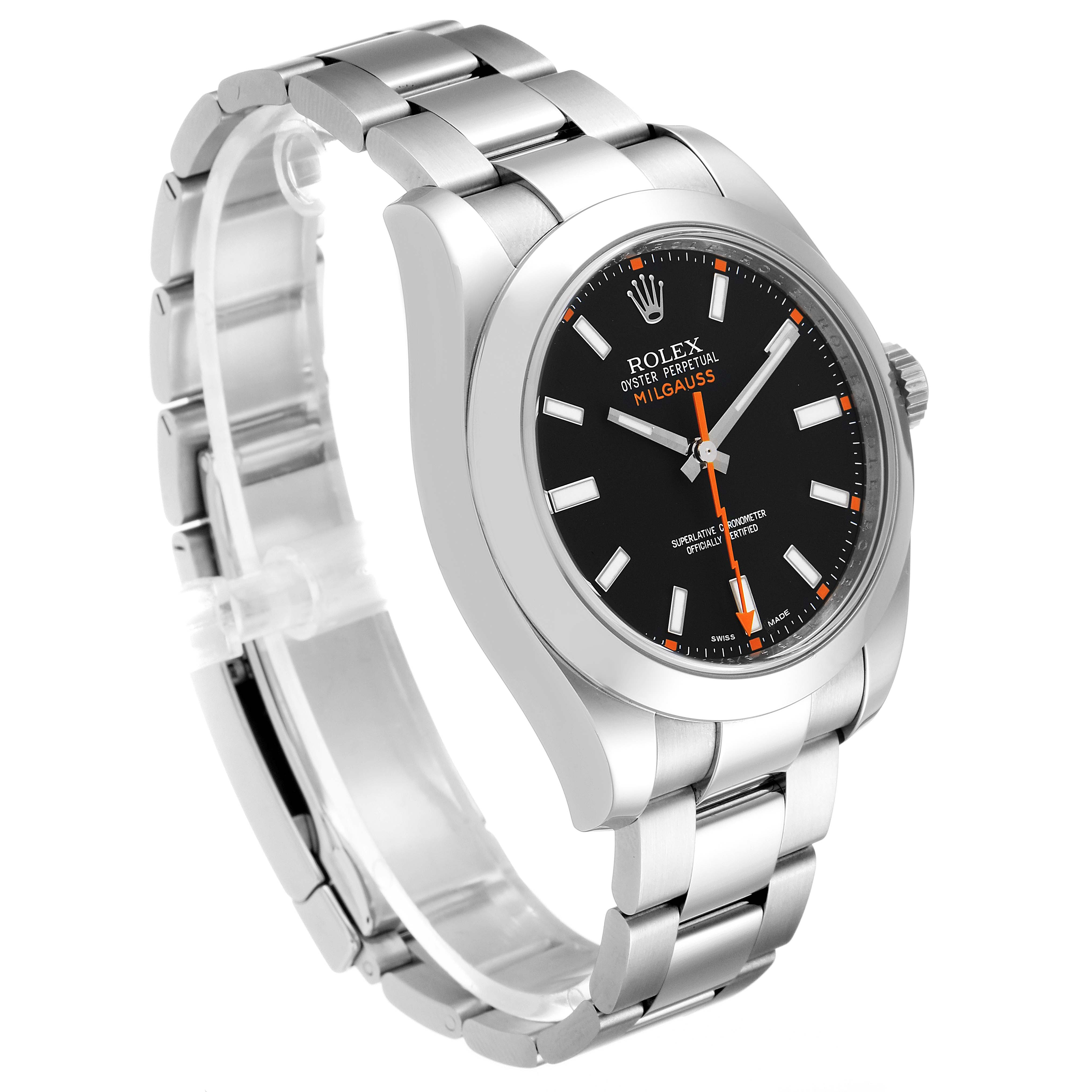 The image shows a three-quarter angle view of a Rolex Milgauss 116400 Men
s Stainless Steel Black Dial 116400 Men
s Stainless Steel Black Dial watch, highlighting its stainless steel bracelet and black dial.