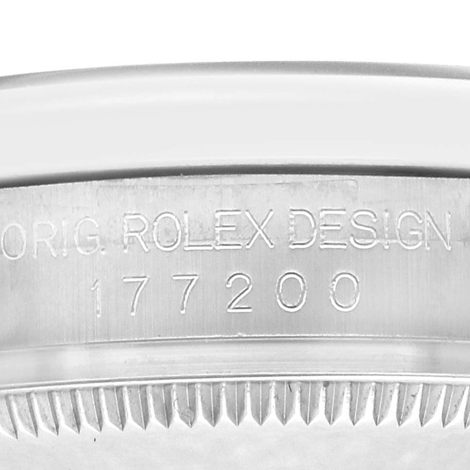 The image shows an engraved side view of a Rolex Mid-Size 177200 Women's Stainless Steel Black Dial model with the reference number 177200.