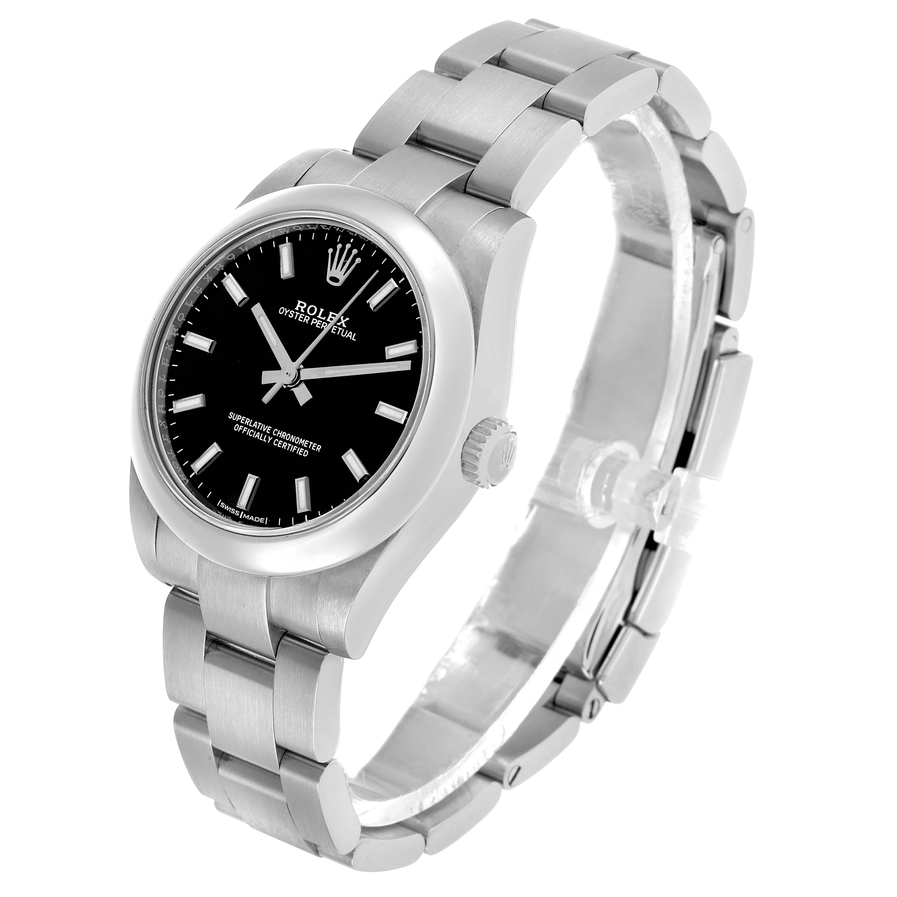 The image shows a Rolex Mid-Size 177200 Women's Stainless Steel Black Dial watch at a slight angle, displaying the face, bezel, crown, and full bracelet.