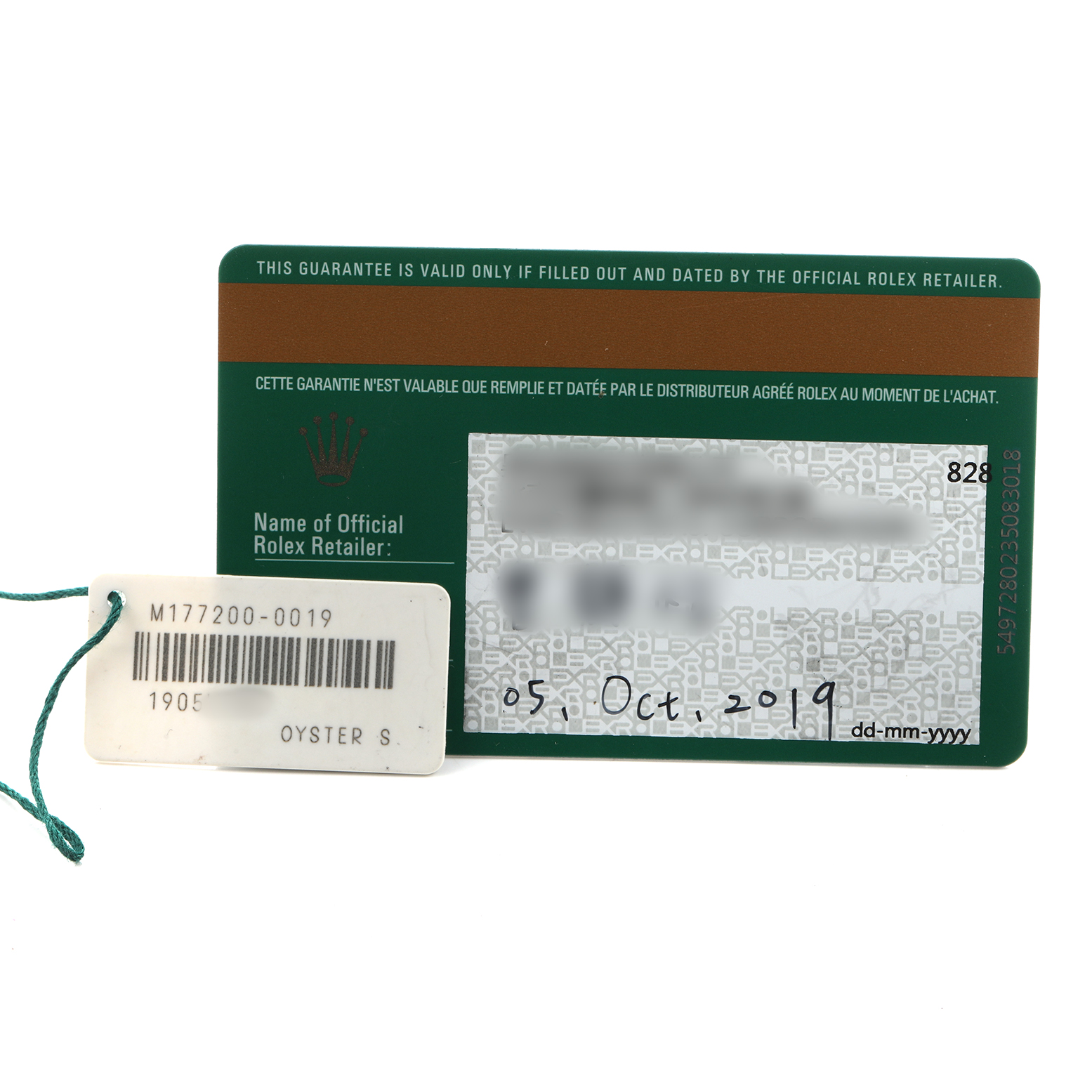 The image shows a guarantee card and tag for a Rolex Mid-Size 177200 Women's Stainless Steel Black Dial watch, including a barcode and date.