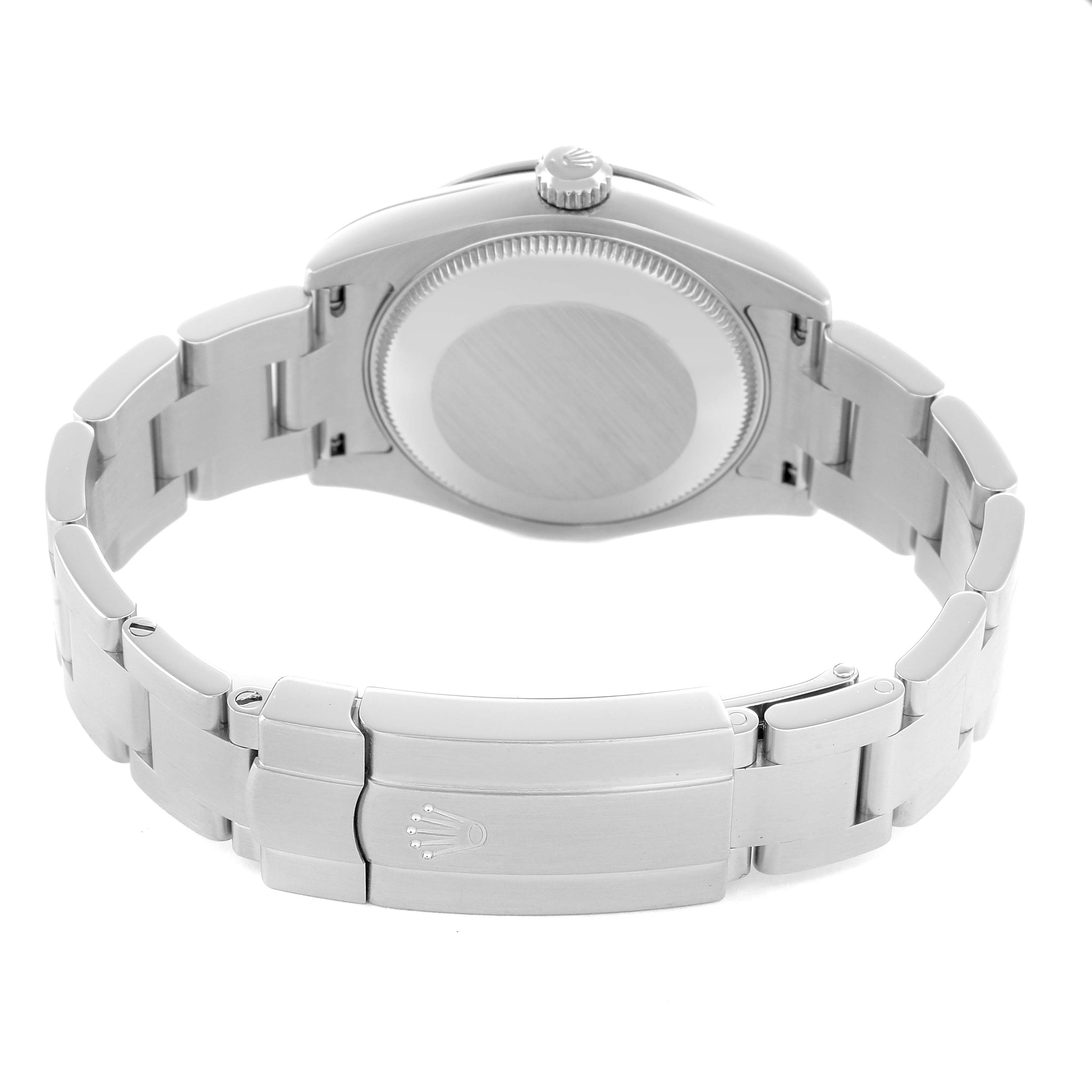 The image shows the back and bracelet of a Mid-Size Rolex watch, highlighting the clasp and case back.