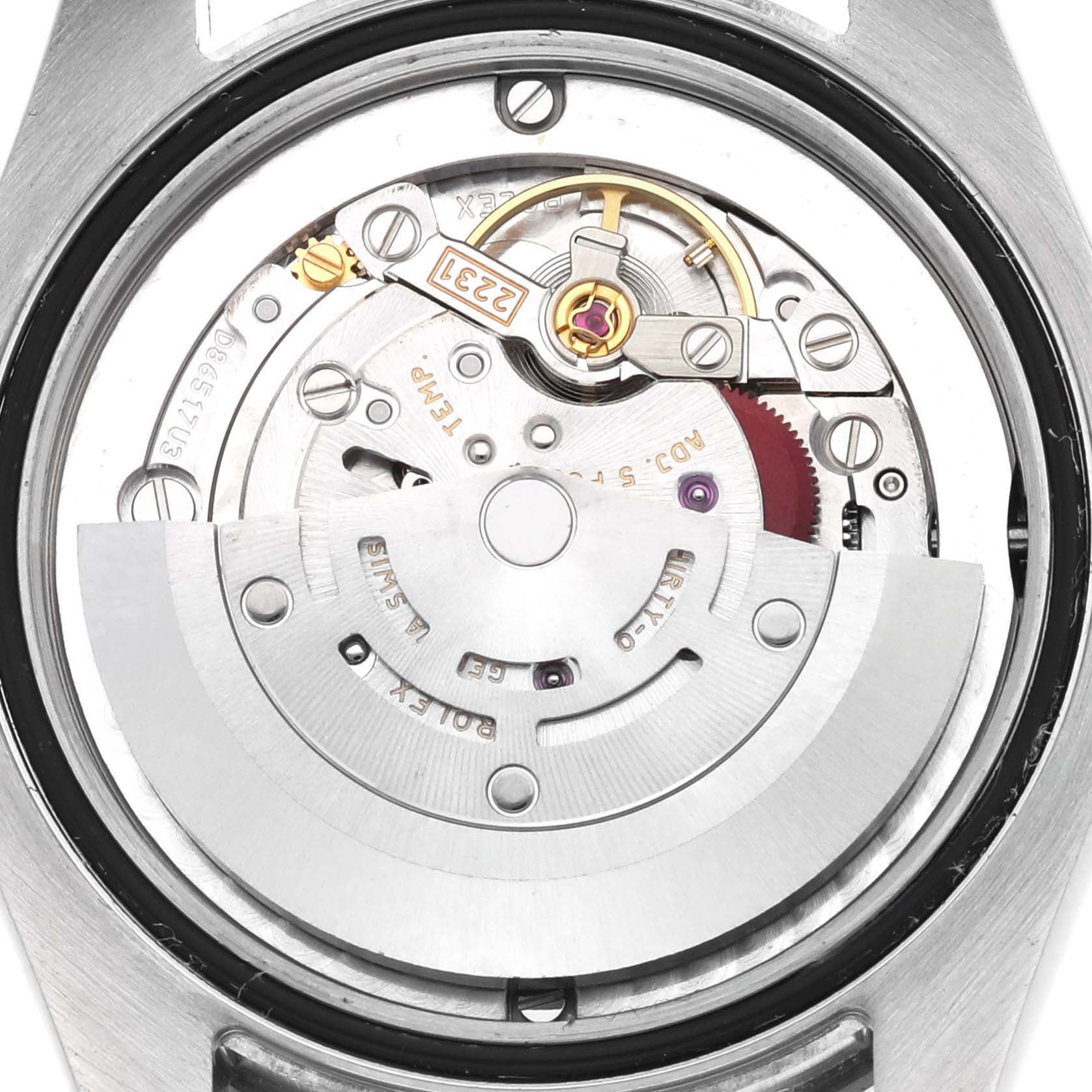 The image shows the internal movement of a Rolex Mid-Size 177200 Women's Stainless Steel Black Dial watch from the back.
