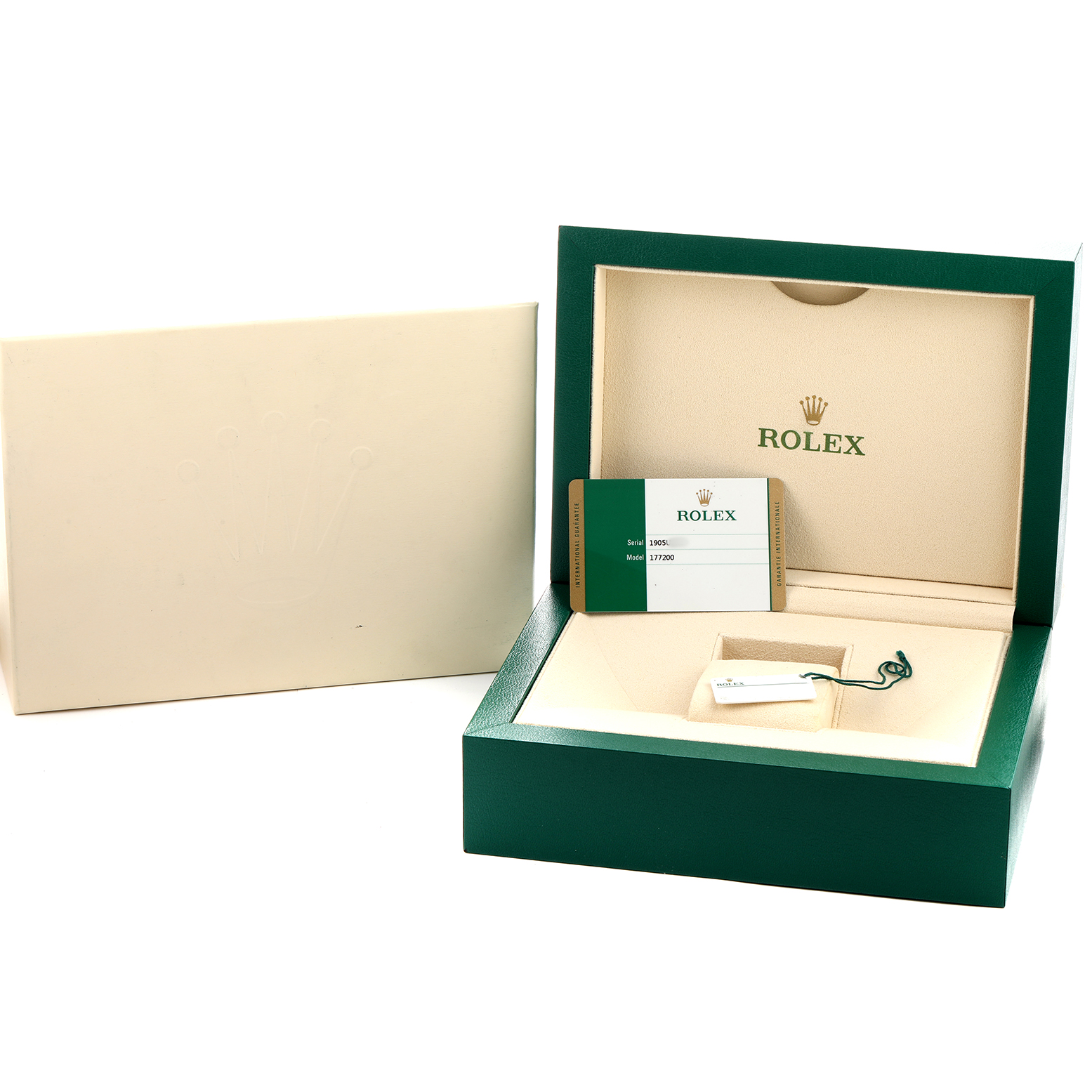 The image shows an open Rolex watch box for a Mid-Size model with a warranty card and packaging.