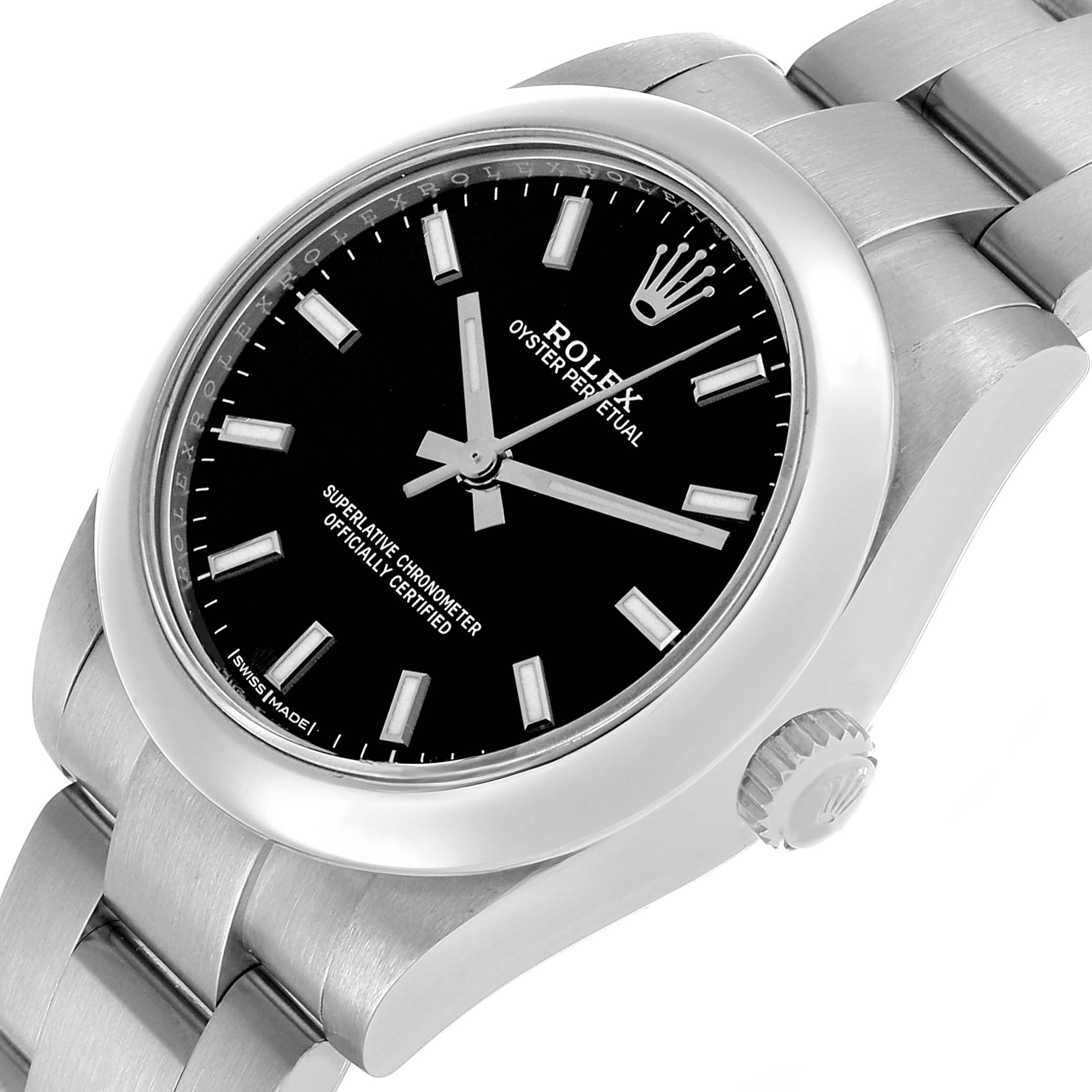 The Rolex Mid-Size 177200 Women's Stainless Steel Black Dial watch is shown from a slightly angled side view, highlighting the dial, bezel, crown, and bracelet.