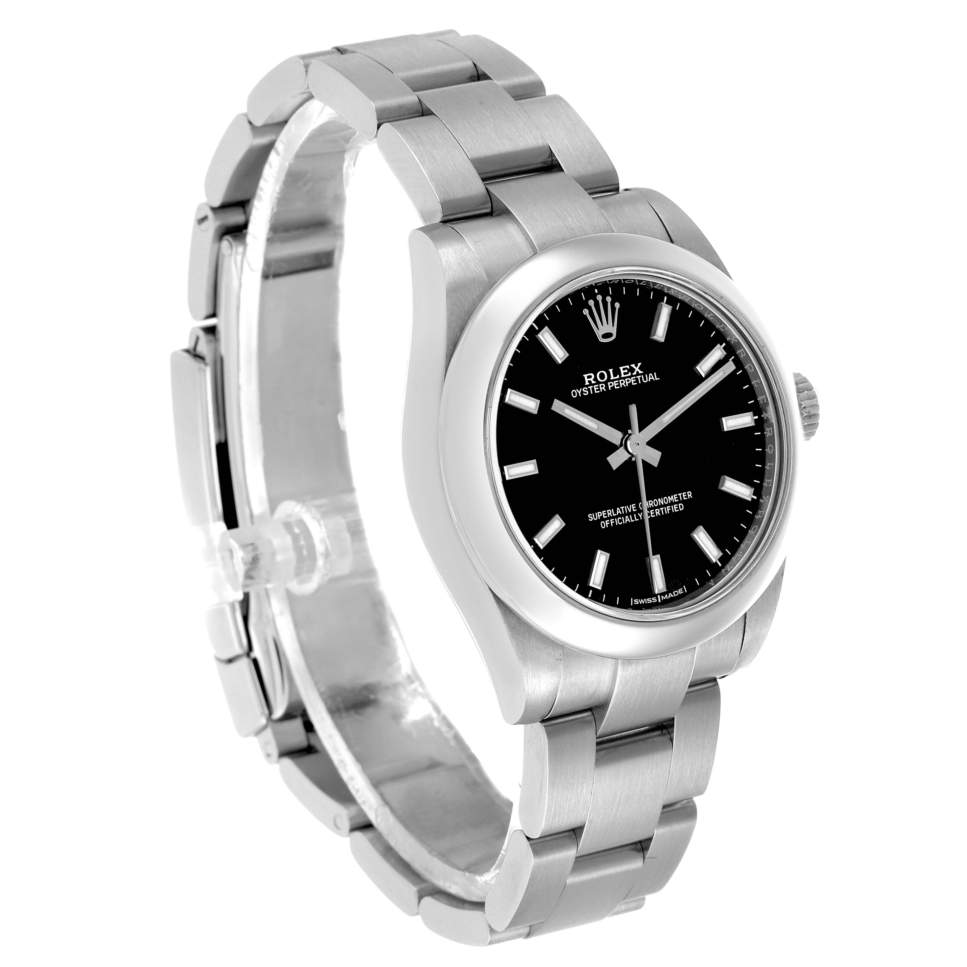 The Rolex Oyster Perpetual Mid-Size watch is shown at a three-quarter angle, highlighting the face, bezel, and partial bracelet.