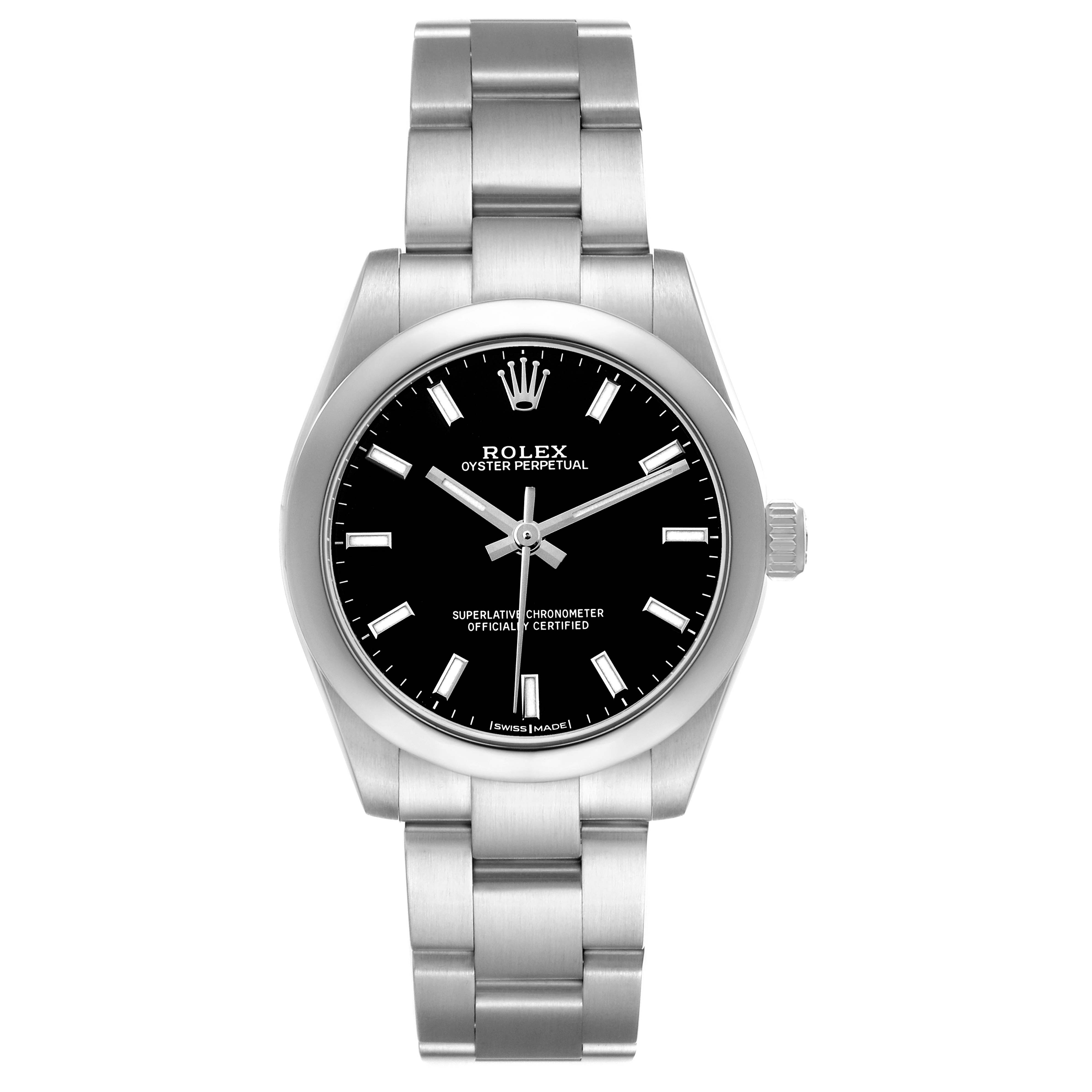 The Rolex Mid-Size 177200 Women's Stainless Steel Black Dial watch is shown from a front angle, featuring the dial, case, crown, and bracelet.
