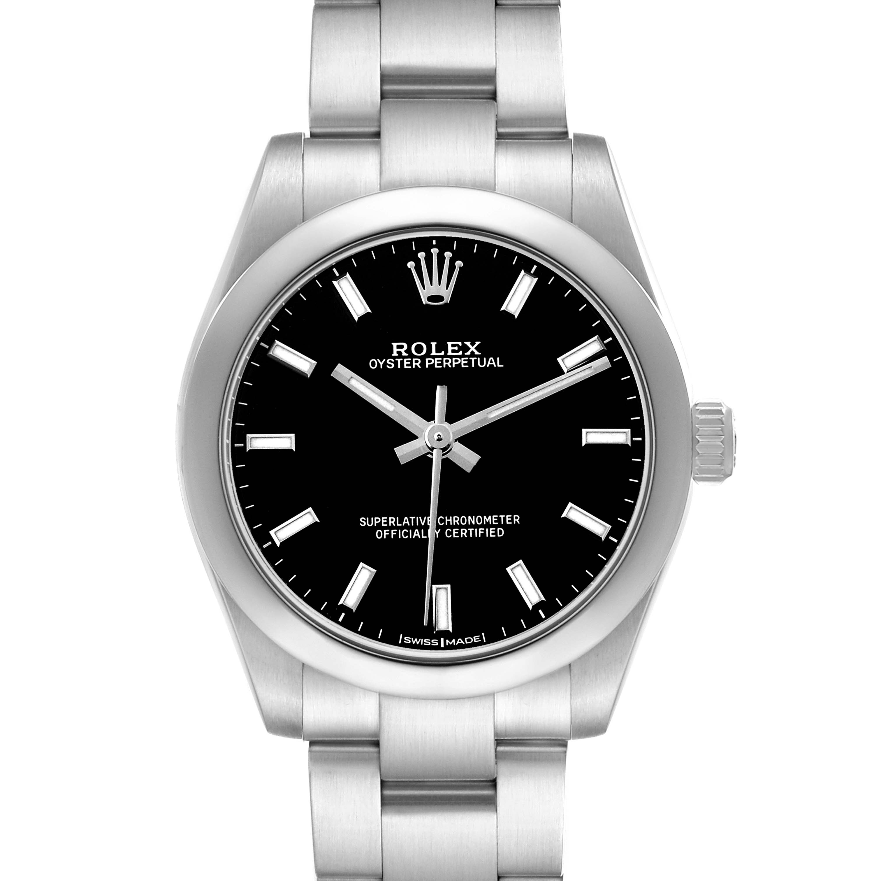 The image shows a front view of a Rolex Oyster Perpetual mid-size model, highlighting the dial, bezel, and bracelet.