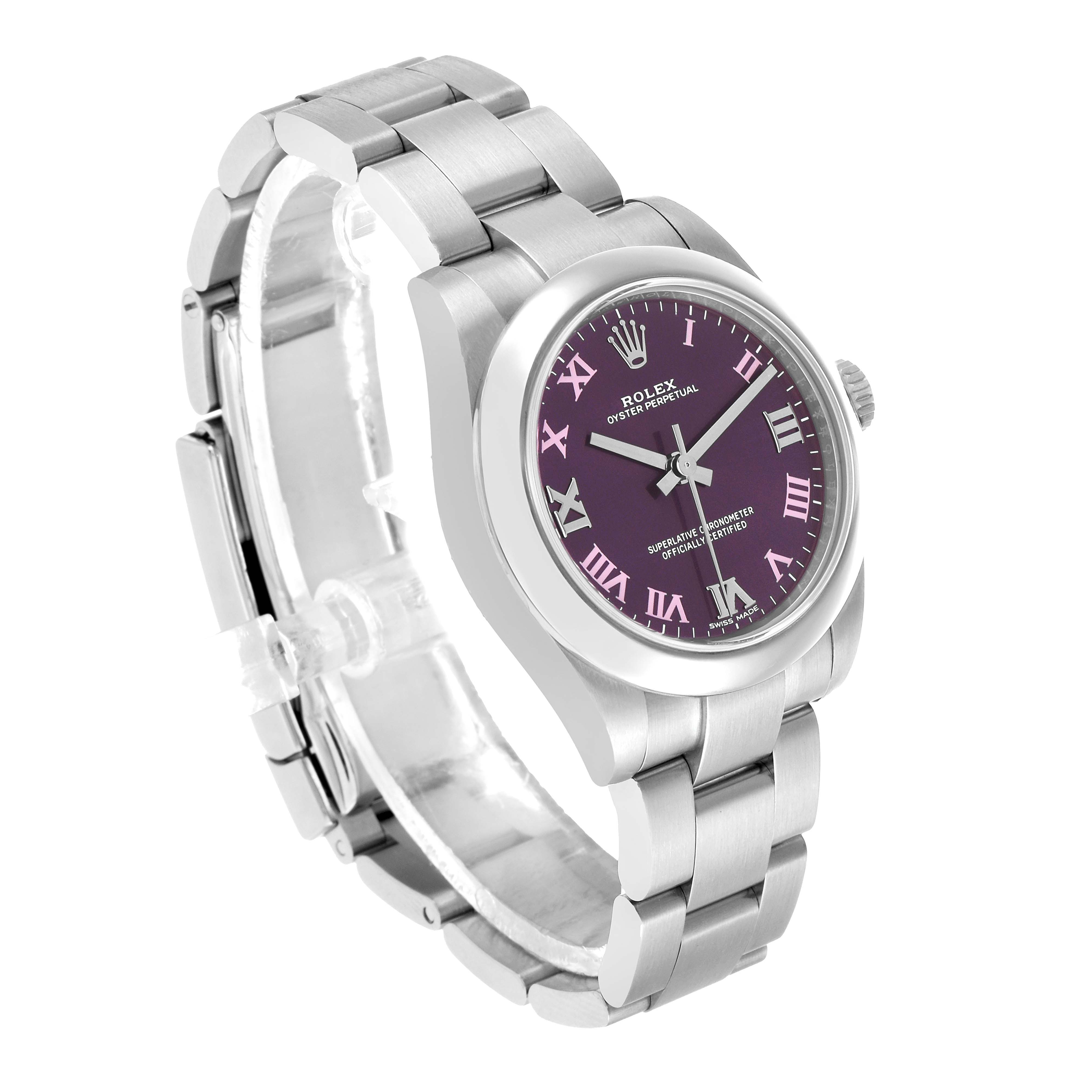 The Rolex Oyster Perpetual 177200 Women's Stainless Steel Purple Dial watch is shown at a three-quarter angle, highlighting the dial, case, bracelet, and crown.