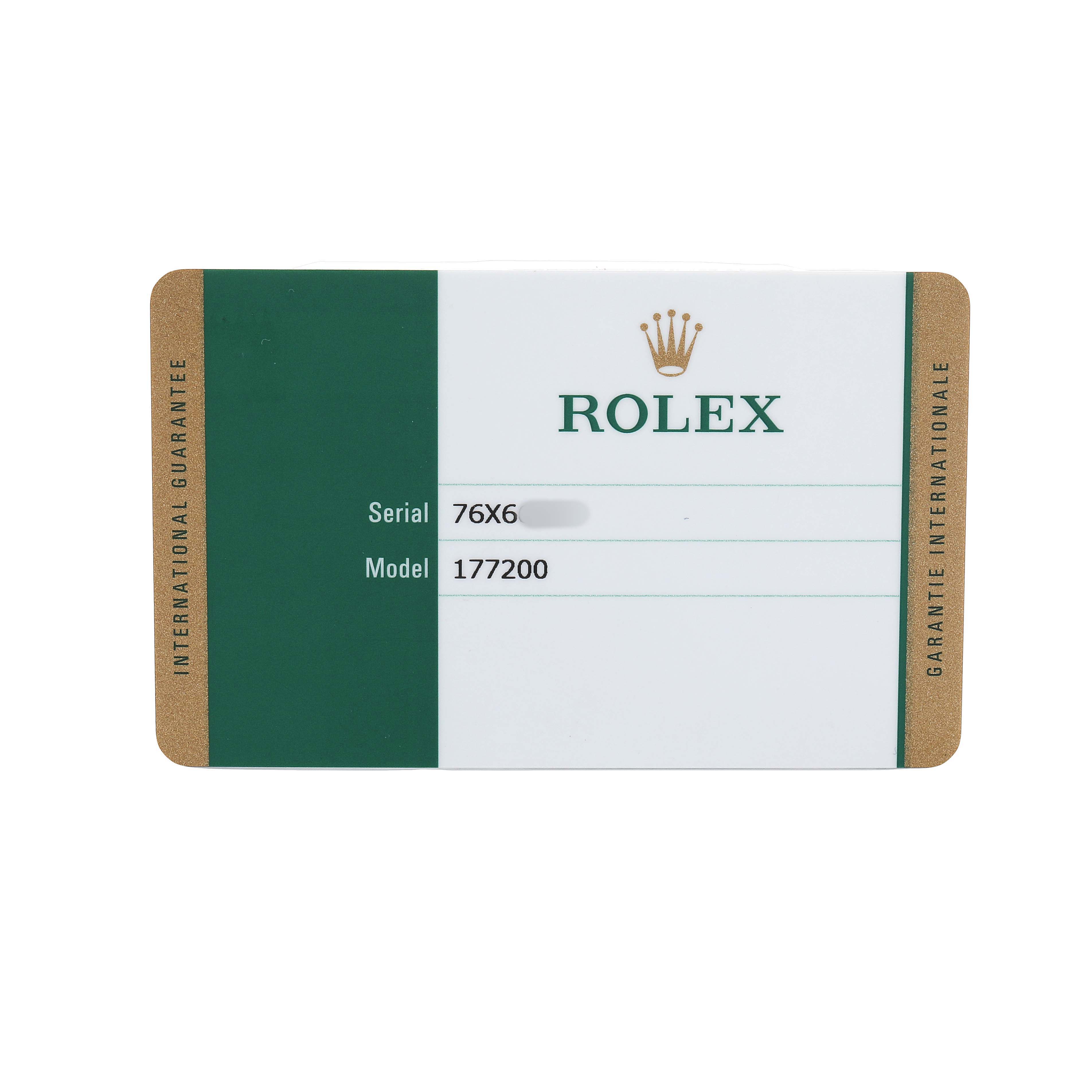 The image shows a warranty card for a Rolex Oyster Perpetual 177200 Women's Stainless Steel Purple Dial, displaying the serial and model number.