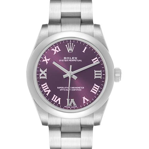 The Rolex Oyster Perpetual 177200 Women's Stainless Steel Purple Dial watch is shown from a top-down angle, displaying the dial, crown, and part of the bracelet.