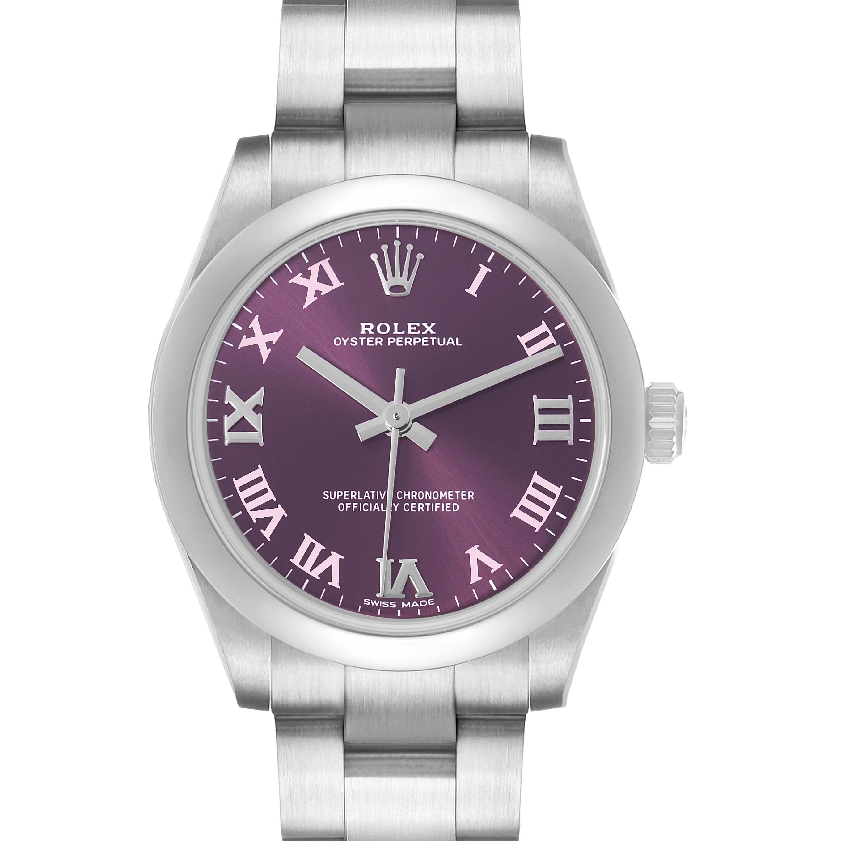 The Rolex Oyster Perpetual 177200 Women's Stainless Steel Purple Dial watch is shown from a front angle, highlighting the dial, bezel, and bracelet.