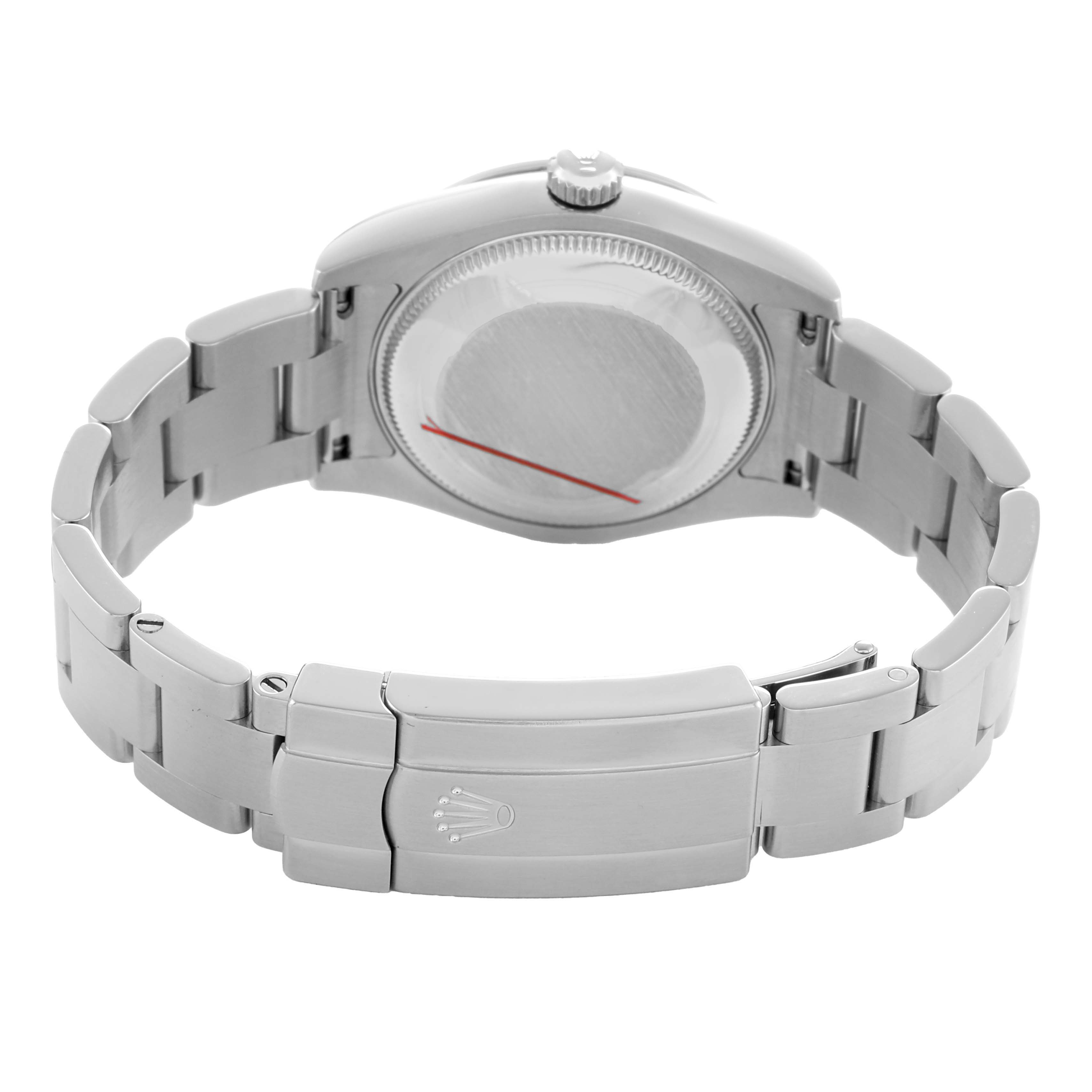 The image shows the back view of a Rolex Oyster Perpetual 177200 Women's Stainless Steel Purple Dial, highlighting the case back, bracelet, and clasp.