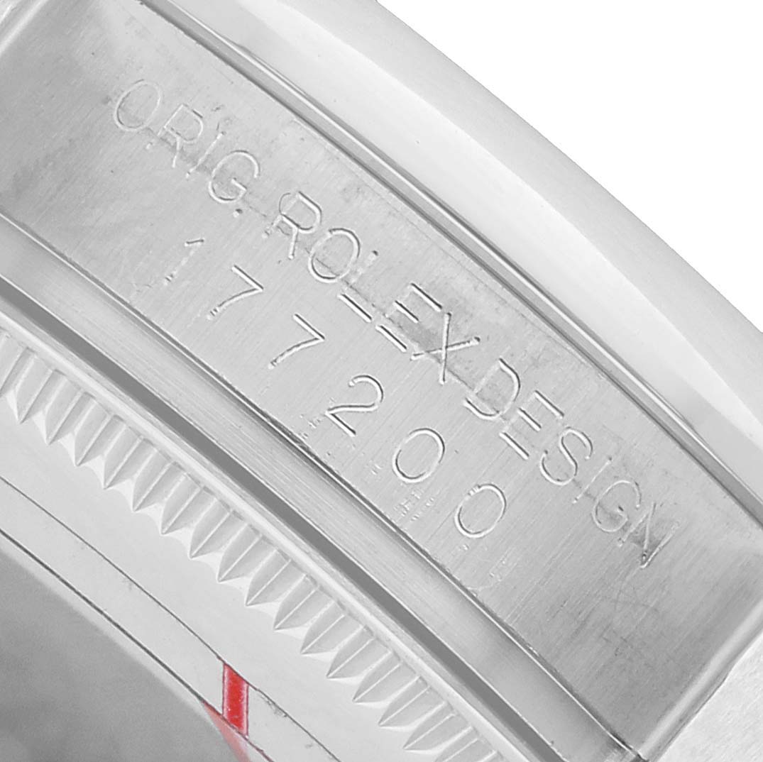 The image shows a close-up of the side engraving on the bezel of a Rolex Oyster Perpetual 177200 Women's Stainless Steel Purple Dial watch, displaying the model number "177200."