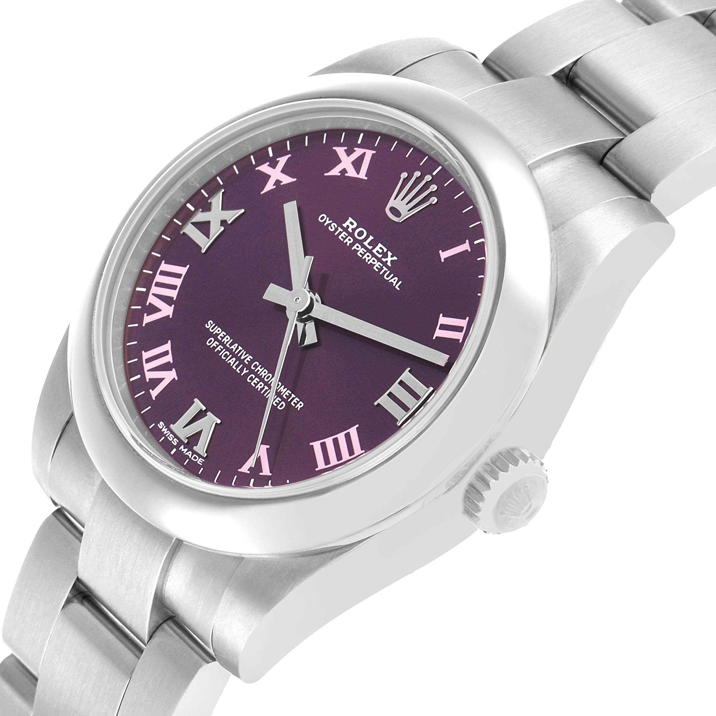 The Rolex Oyster Perpetual 177200 Women's Stainless Steel Purple Dial watch is shown at a slight angle, highlighting the purple dial, Roman numerals, case, crown, and bracelet.