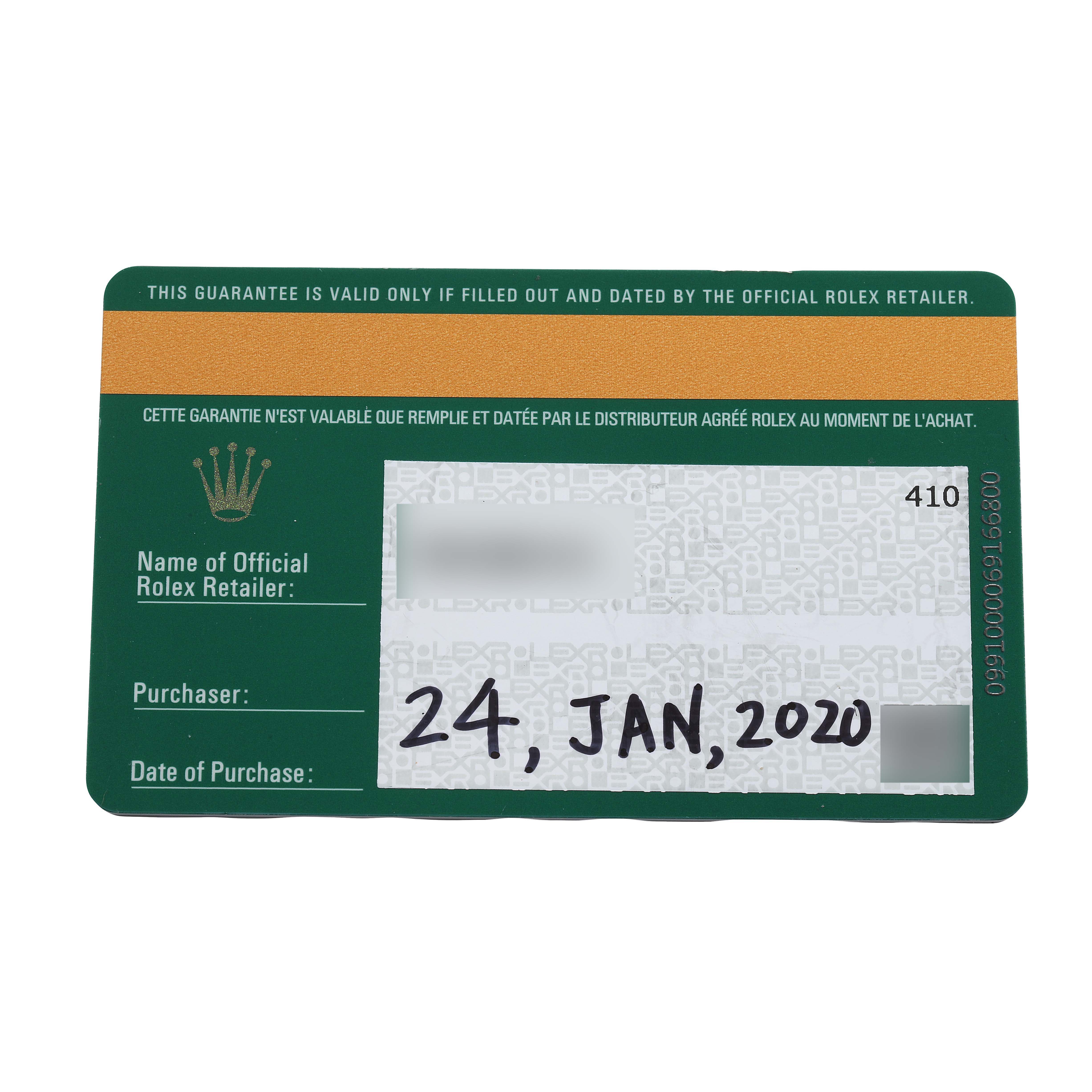 The image shows a guarantee card for a Rolex Oyster Perpetual 177200 Women's Stainless Steel Purple Dial, displaying purchase details and retailer information.