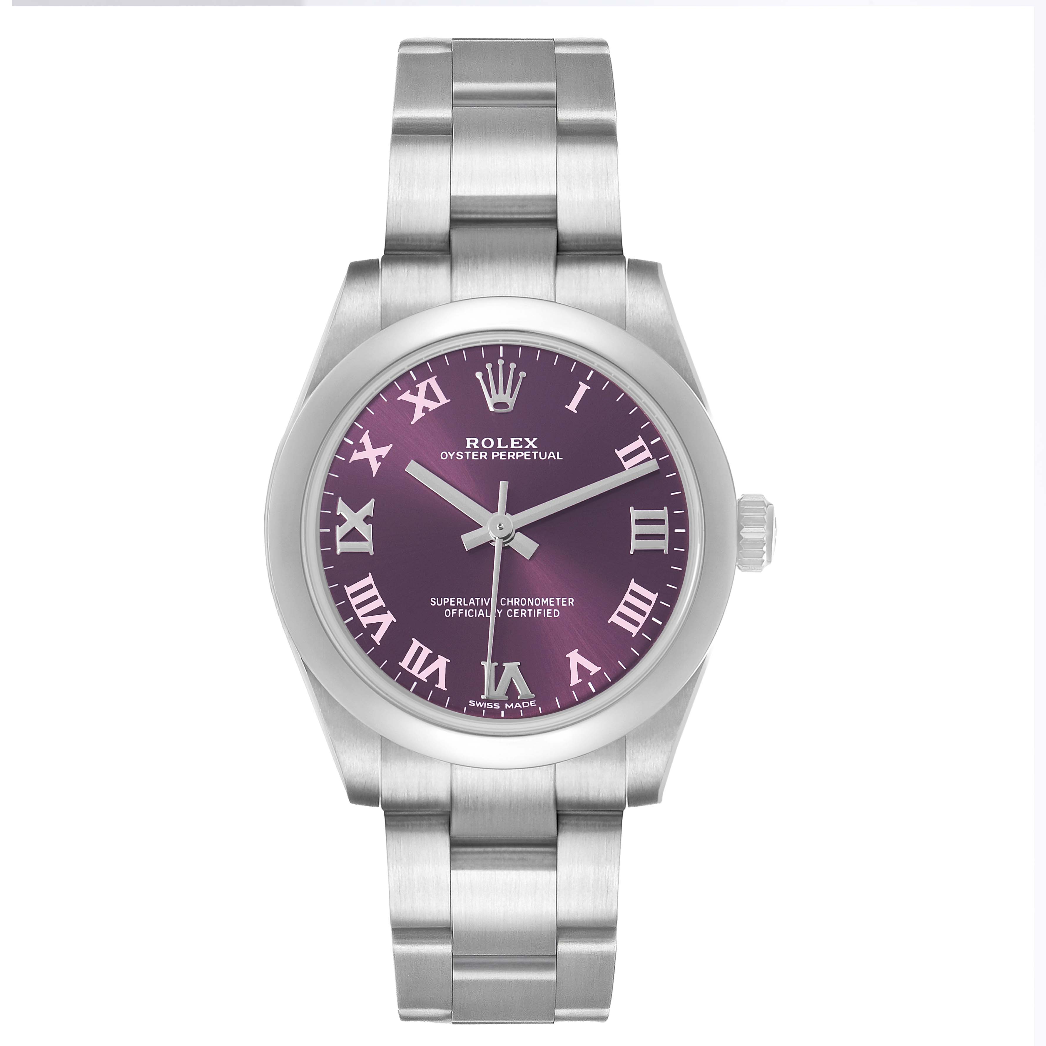 The Rolex Oyster Perpetual 177200 Women's Stainless Steel Purple Dial watch is shown from a front angle, displaying the dial, bezel, and bracelet.