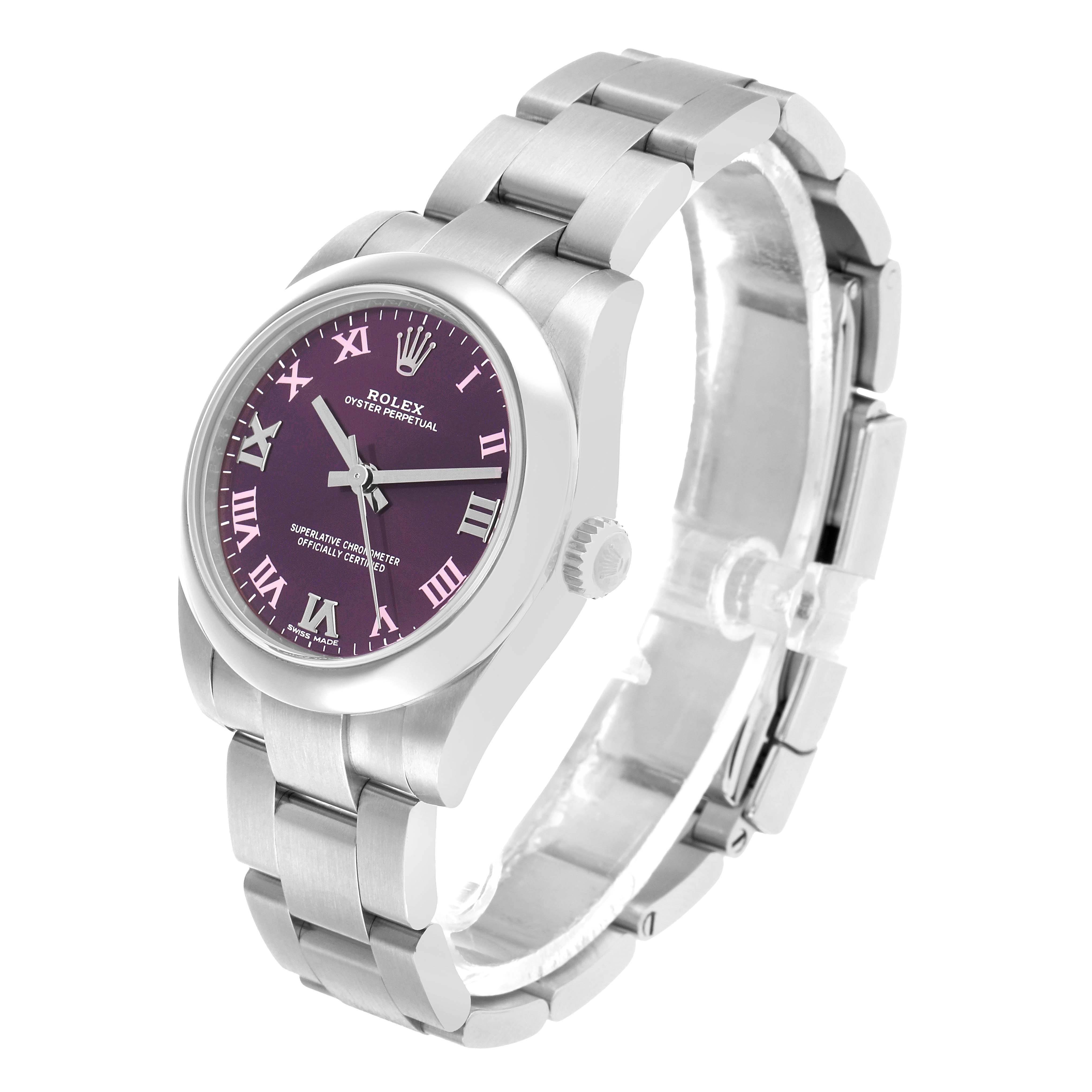 The Rolex Oyster Perpetual 177200 Women's Stainless Steel Purple Dial watch is shown at a slight side angle, displaying its purple dial, Roman numerals, and stainless steel bracelet.