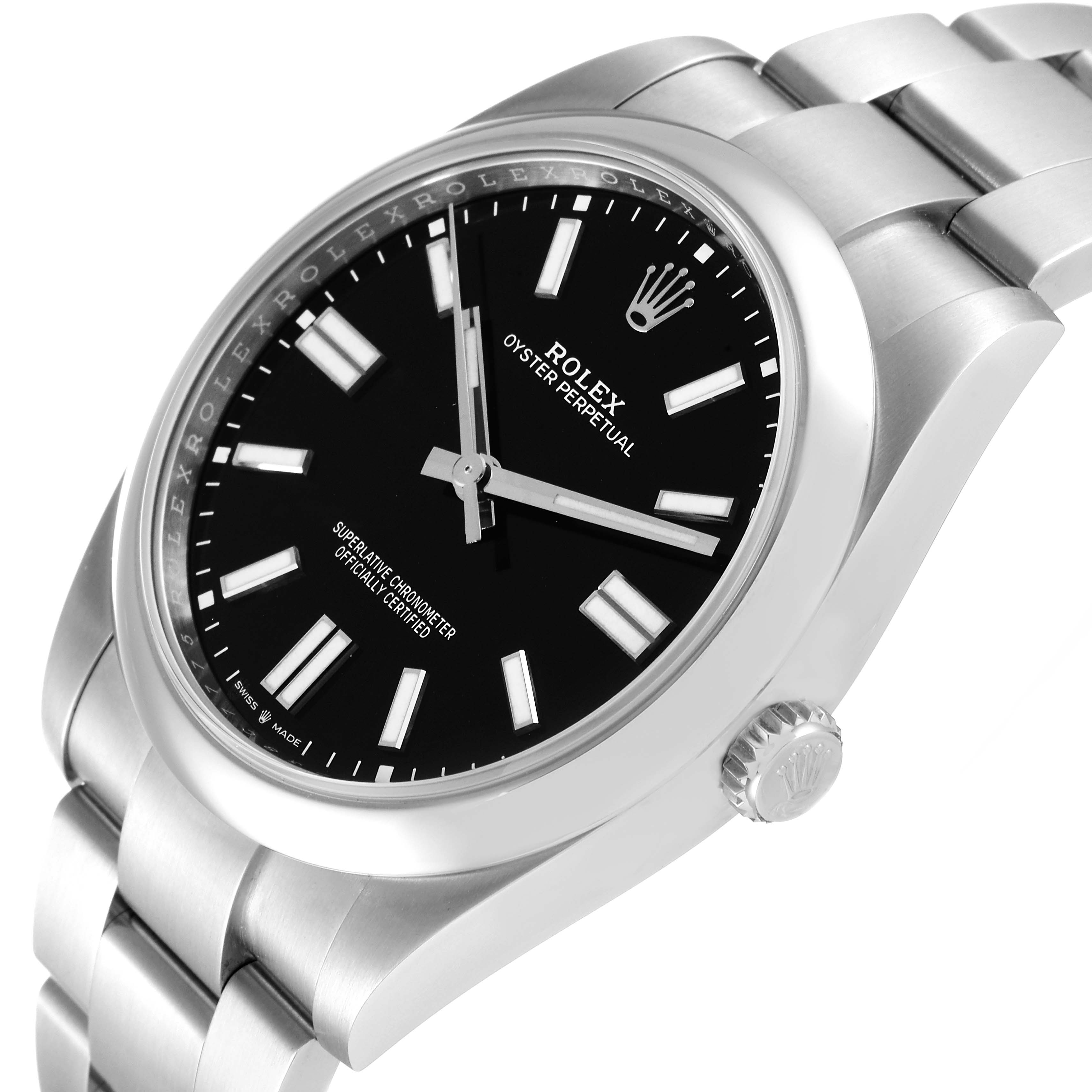 The angle shows a side view of the Rolex Oyster Perpetual 124300 Men
s Stainless Steel Black Dial 124300 Men
s Stainless Steel Black Dial, highlighting the case, dial, crown, and bracelet.