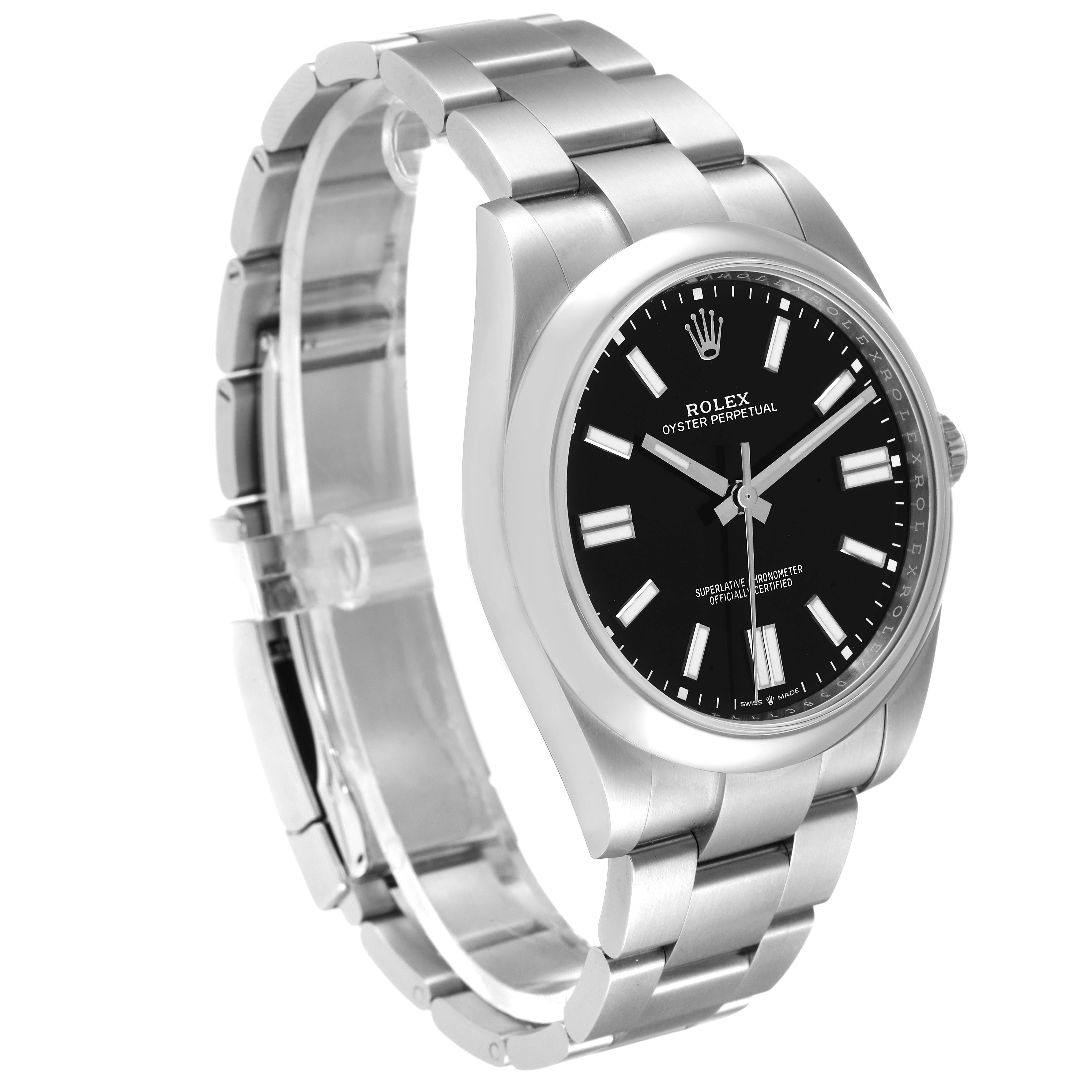 The Rolex Oyster Perpetual 124300 Men
s Stainless Steel Black Dial 124300 Men
s Stainless Steel Black Dial watch is shown at a slight angle, displaying its black dial, stainless steel case, and bracelet.