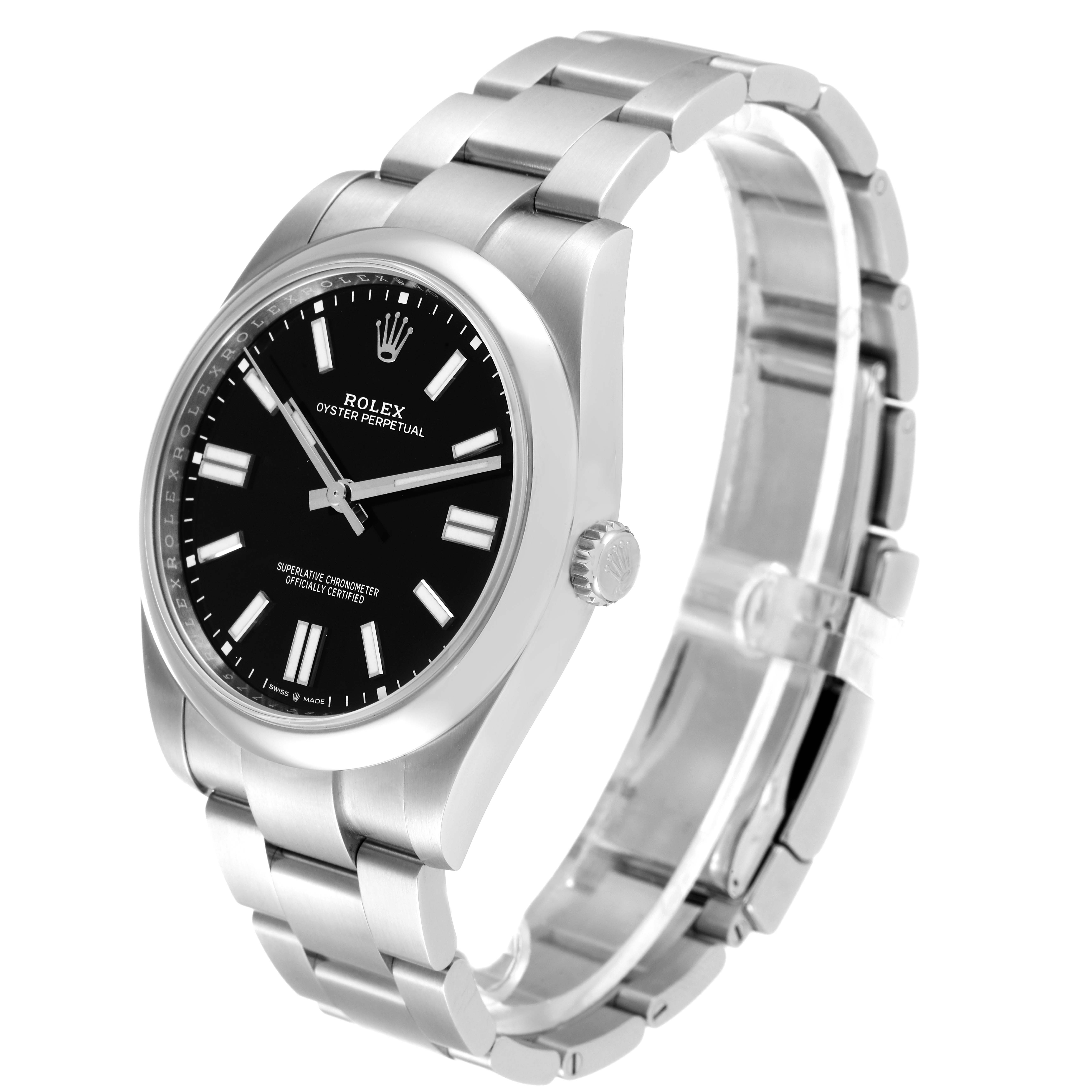 This image shows a side and top view of the Oyster Perpetual model by Rolex, capturing the dial, bezel, bracelet, and crown.