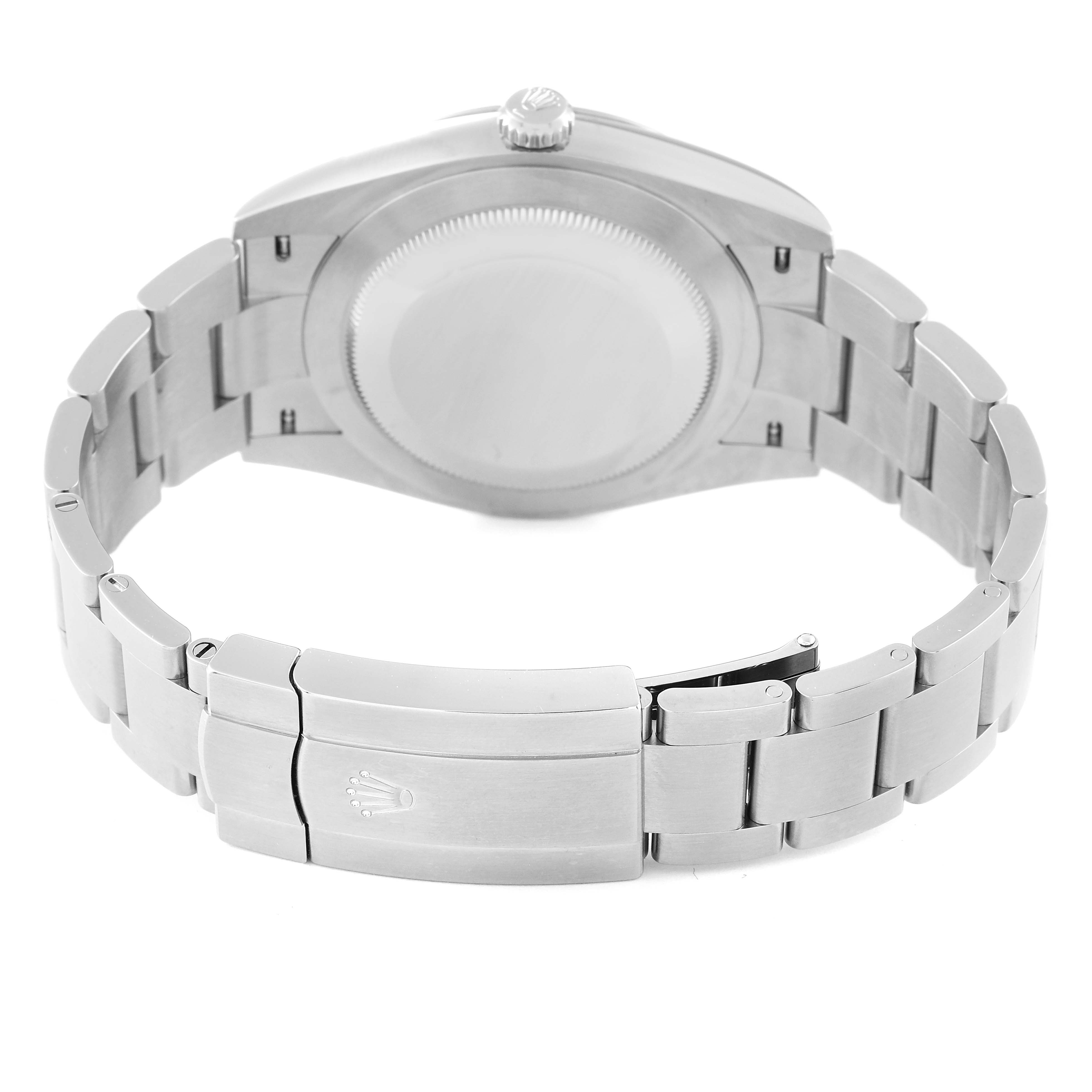 This Rolex Oyster Perpetual 124300 Men
s Stainless Steel Black Dial 124300 Men
s Stainless Steel Black Dial watch is shown from the back, displaying the bracelet and clasp.