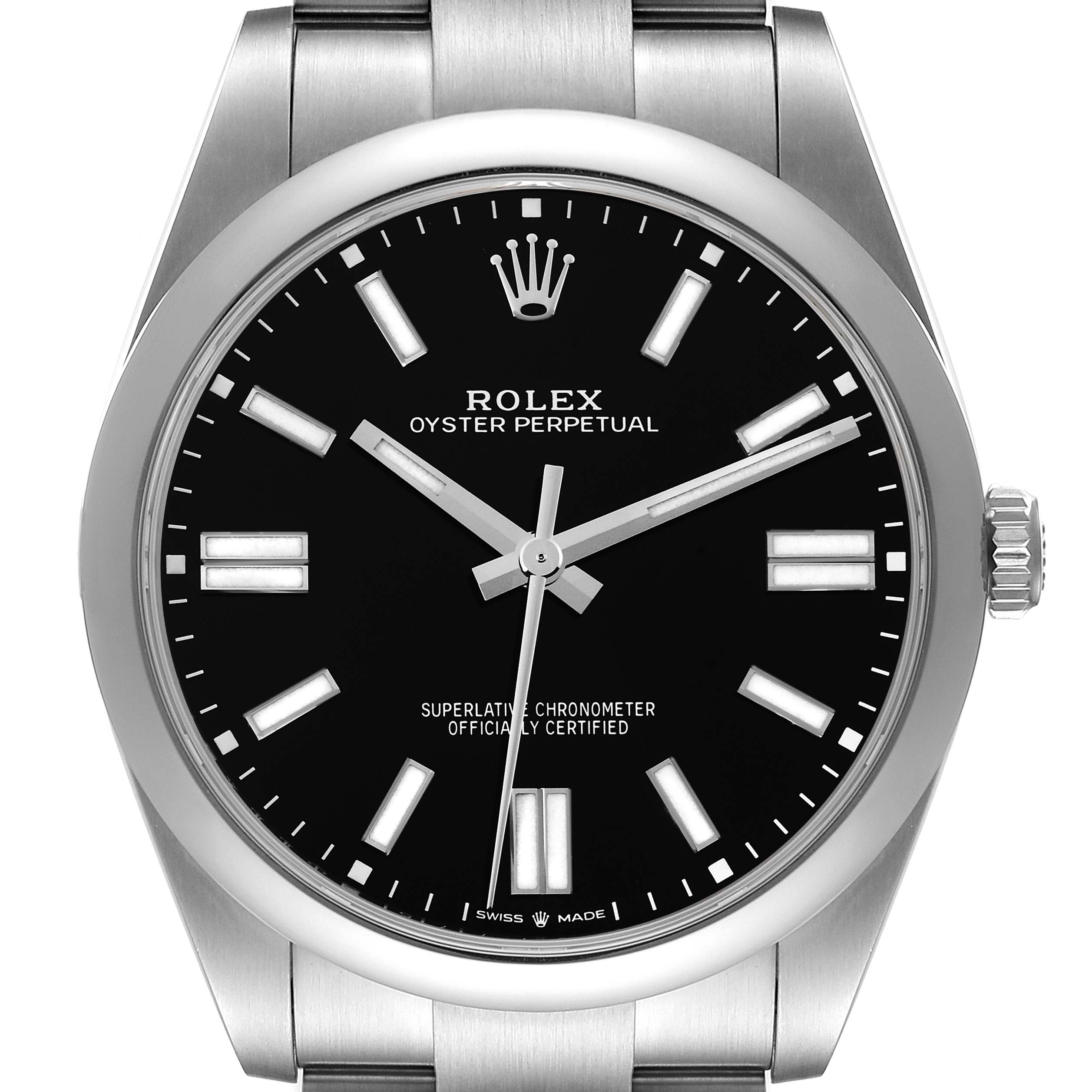 This image shows a front view of the Rolex Oyster Perpetual 124300 Men
s Stainless Steel Black Dial 124300 Men
s Stainless Steel Black Dial watch, highlighting its black dial, hands, and stainless steel case.