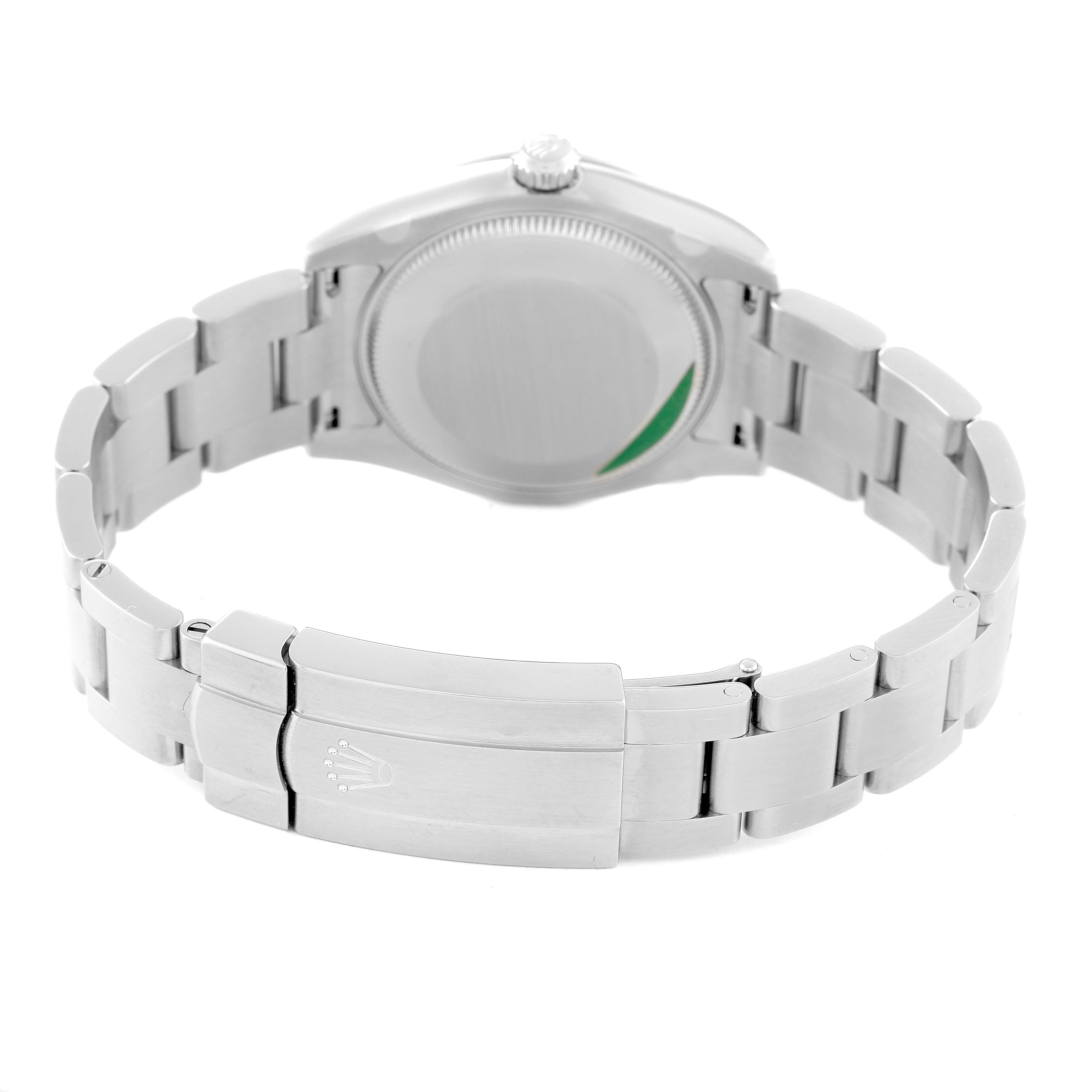 This image shows the backside and bracelet of a Rolex Mid-Size 177200 Women
s Stainless Steel White Dial 177200 Women
s Stainless Steel White Dial watch.
