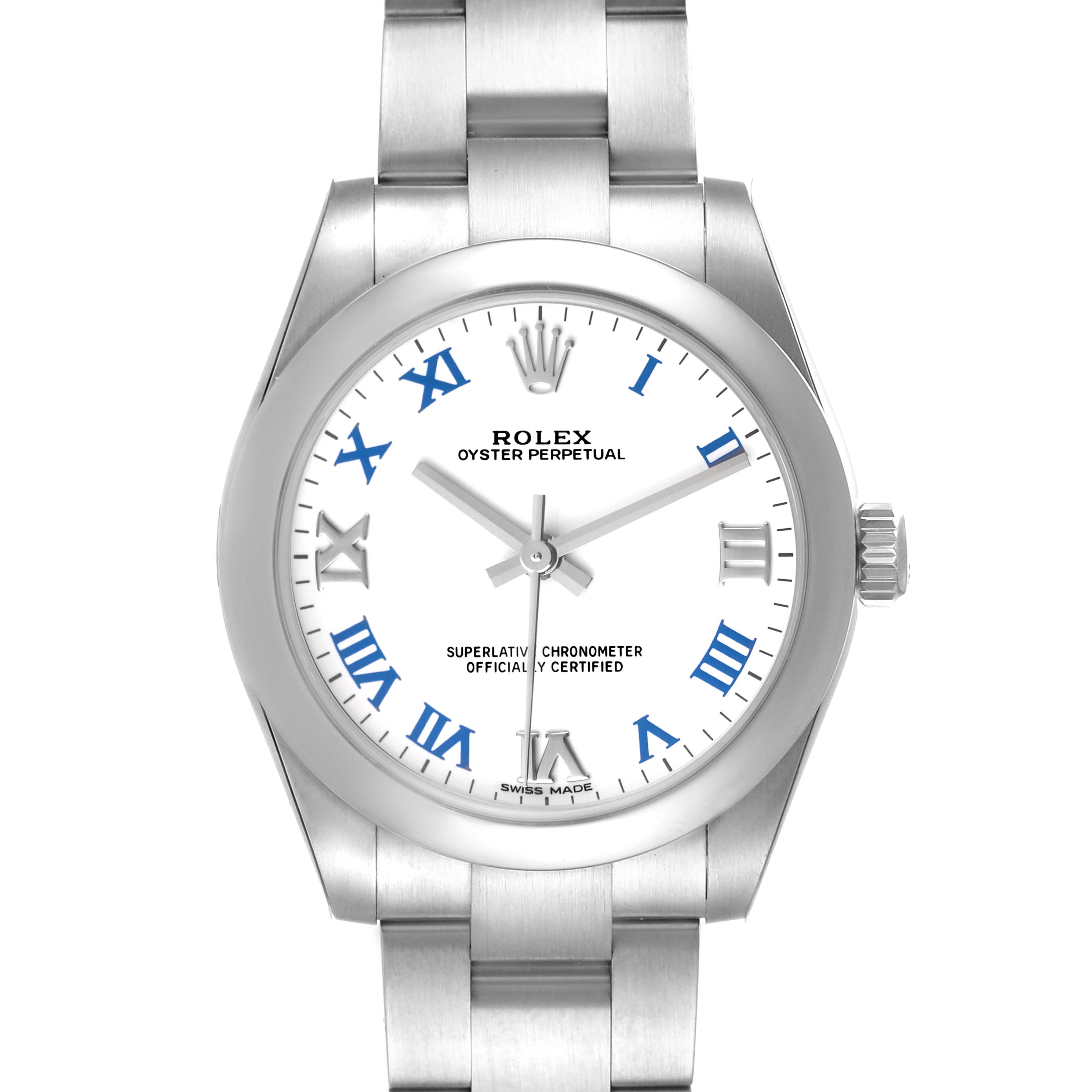 This Rolex Oyster Perpetual Mid-Size watch is shown from a front angle, displaying the dial, hands, and bracelet.