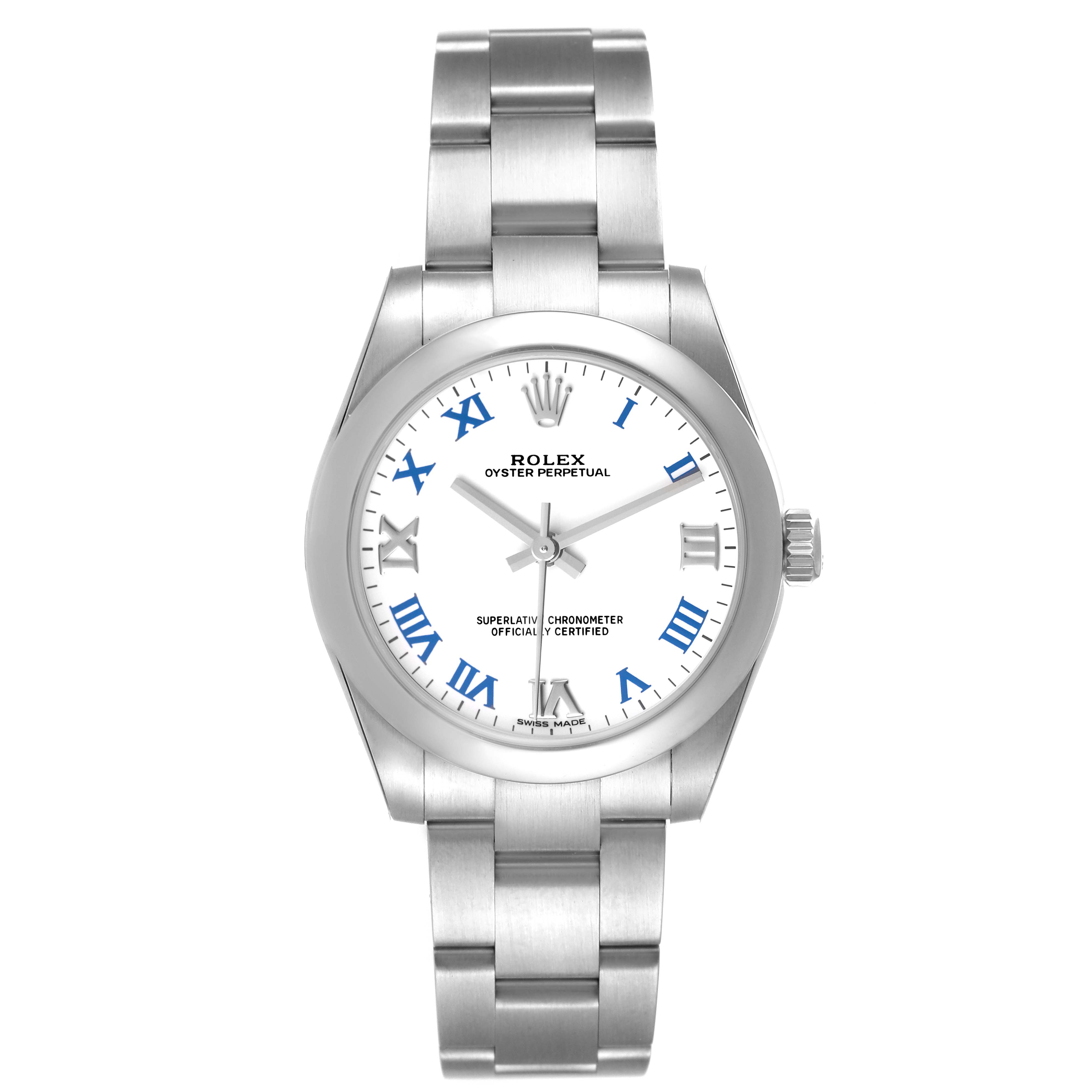 The image shows a front view of a Mid-Size Rolex Oyster Perpetual watch, highlighting its face, bezel, and bracelet.