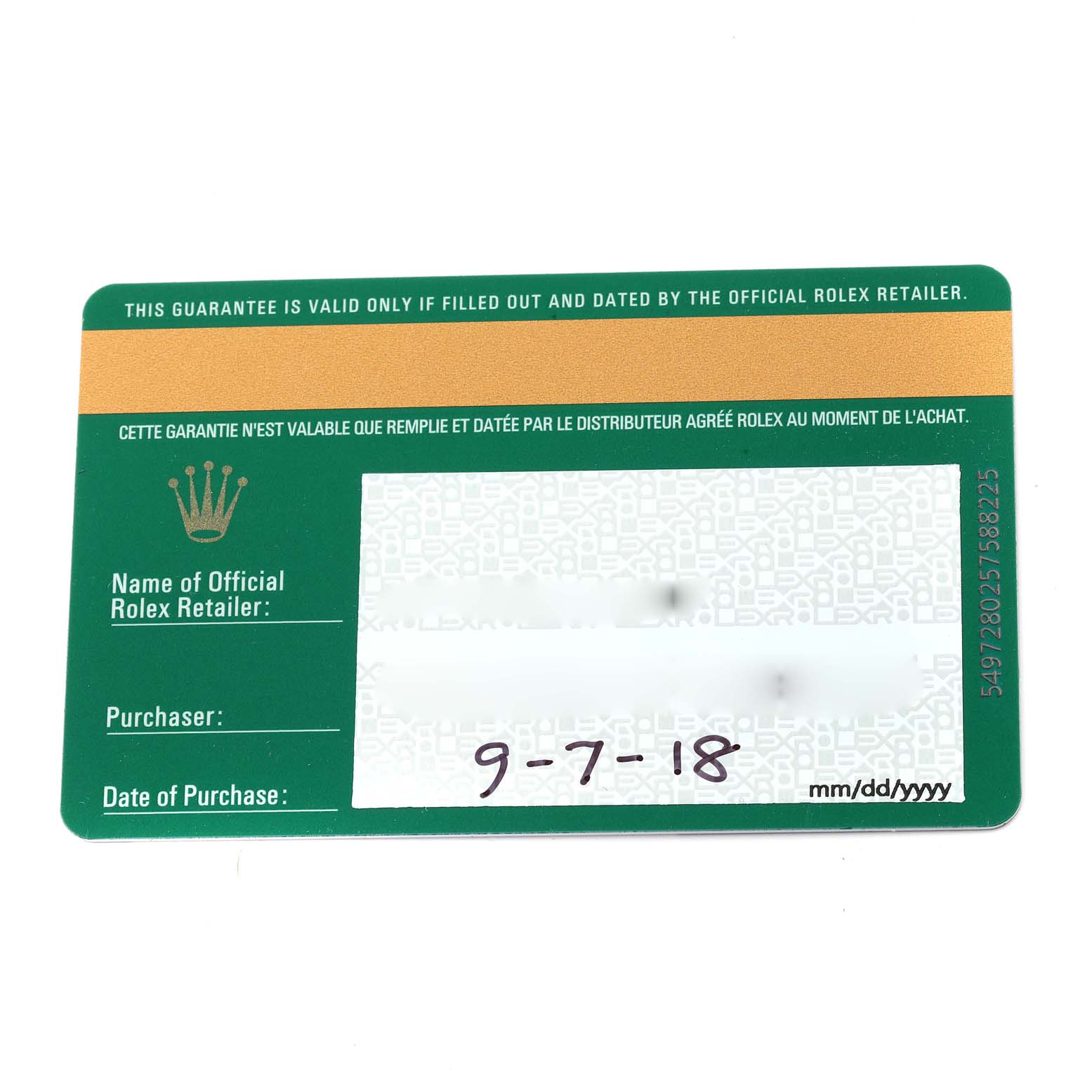 The image shows the warranty card for a Rolex Mid-Size 177200 Women
s Stainless Steel White Dial 177200 Women
s Stainless Steel White Dial model, displaying the official retailer, purchaser, and the purchase date.
