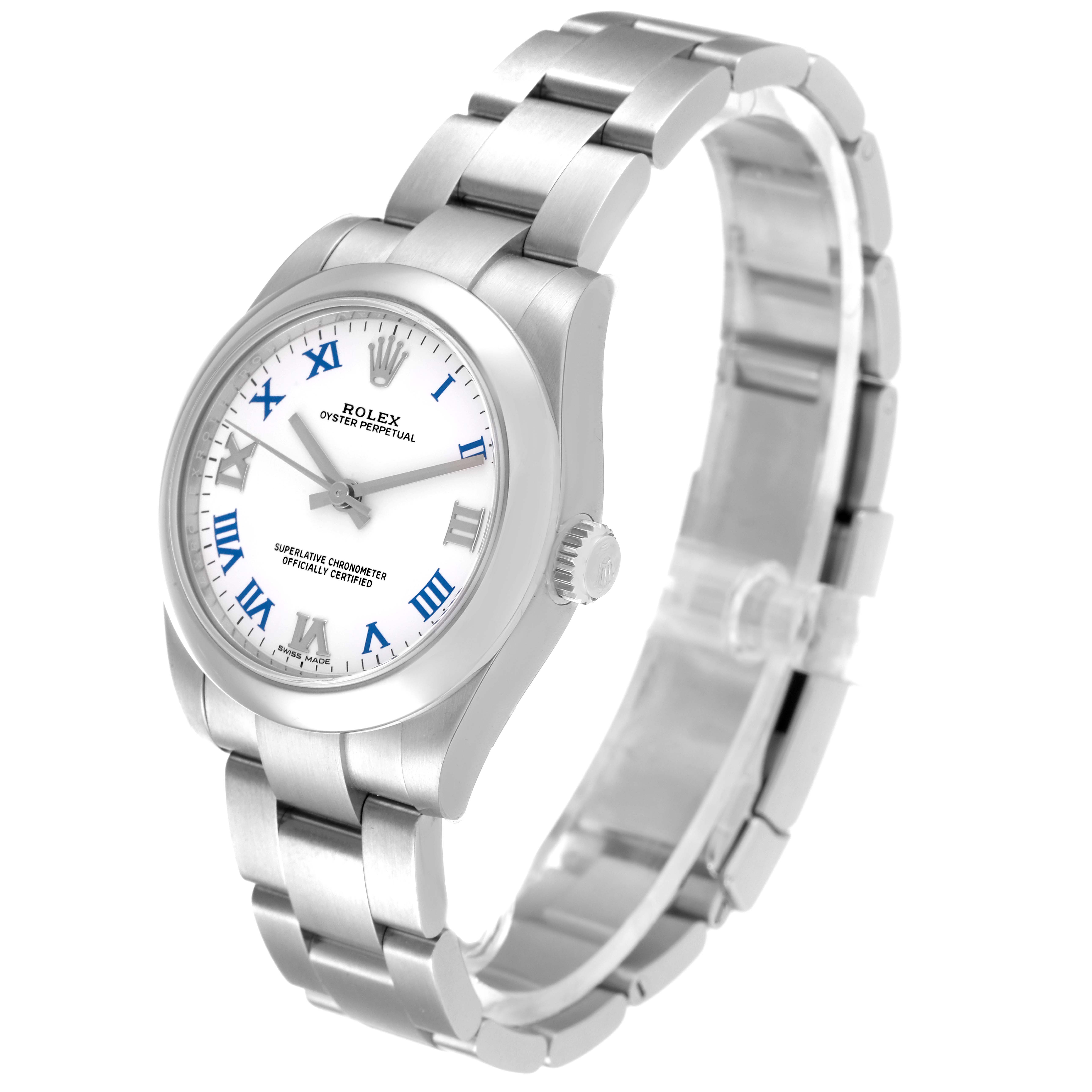 The image shows a Rolex Mid-Size 177200 Women
s Stainless Steel White Dial 177200 Women
s Stainless Steel White Dial Oyster Perpetual watch, angled slightly from the front with visible casing, dial, crown, and bracelet.