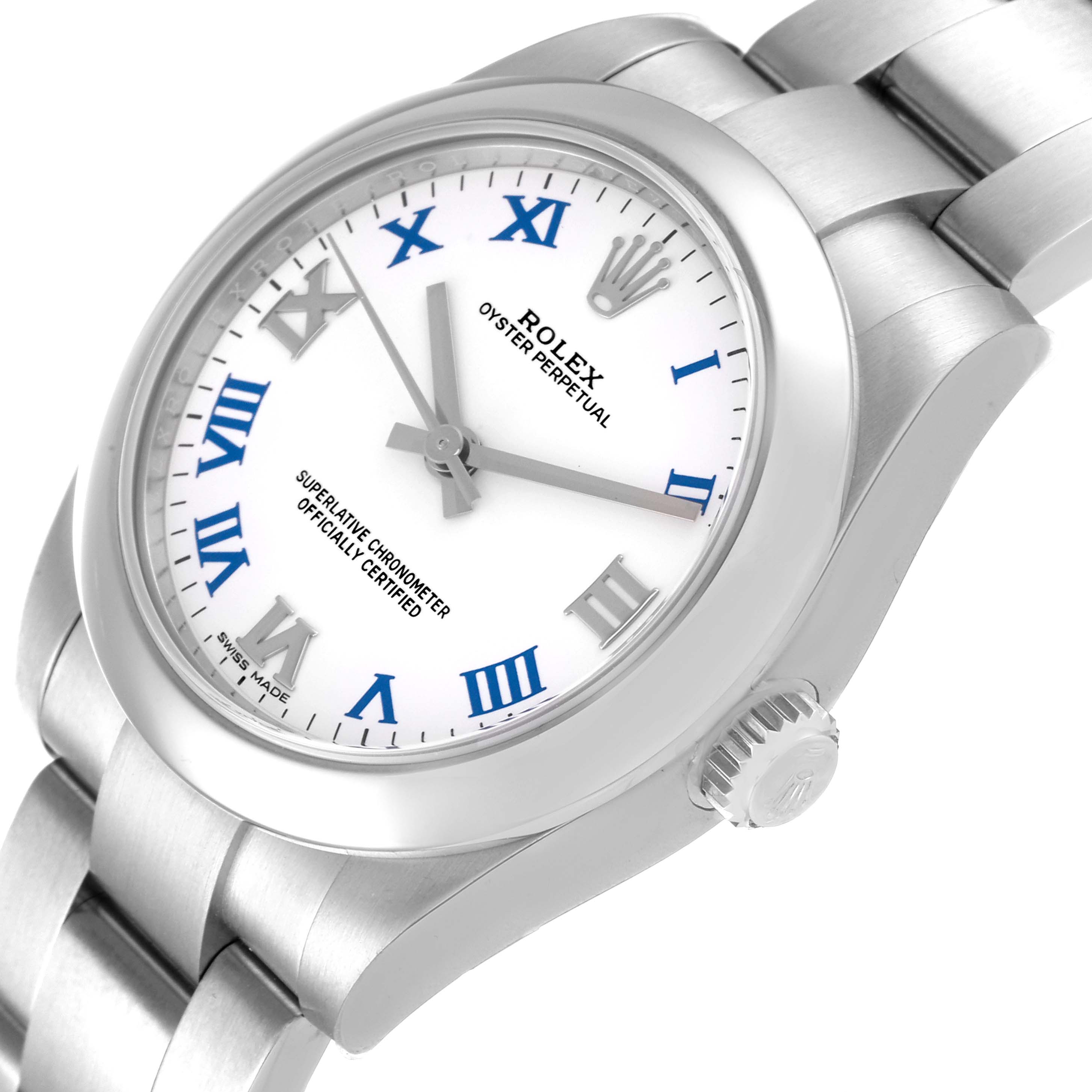 This image shows a close-up angle of the face and bracelet of a Rolex Oyster Perpetual Mid-Size watch.