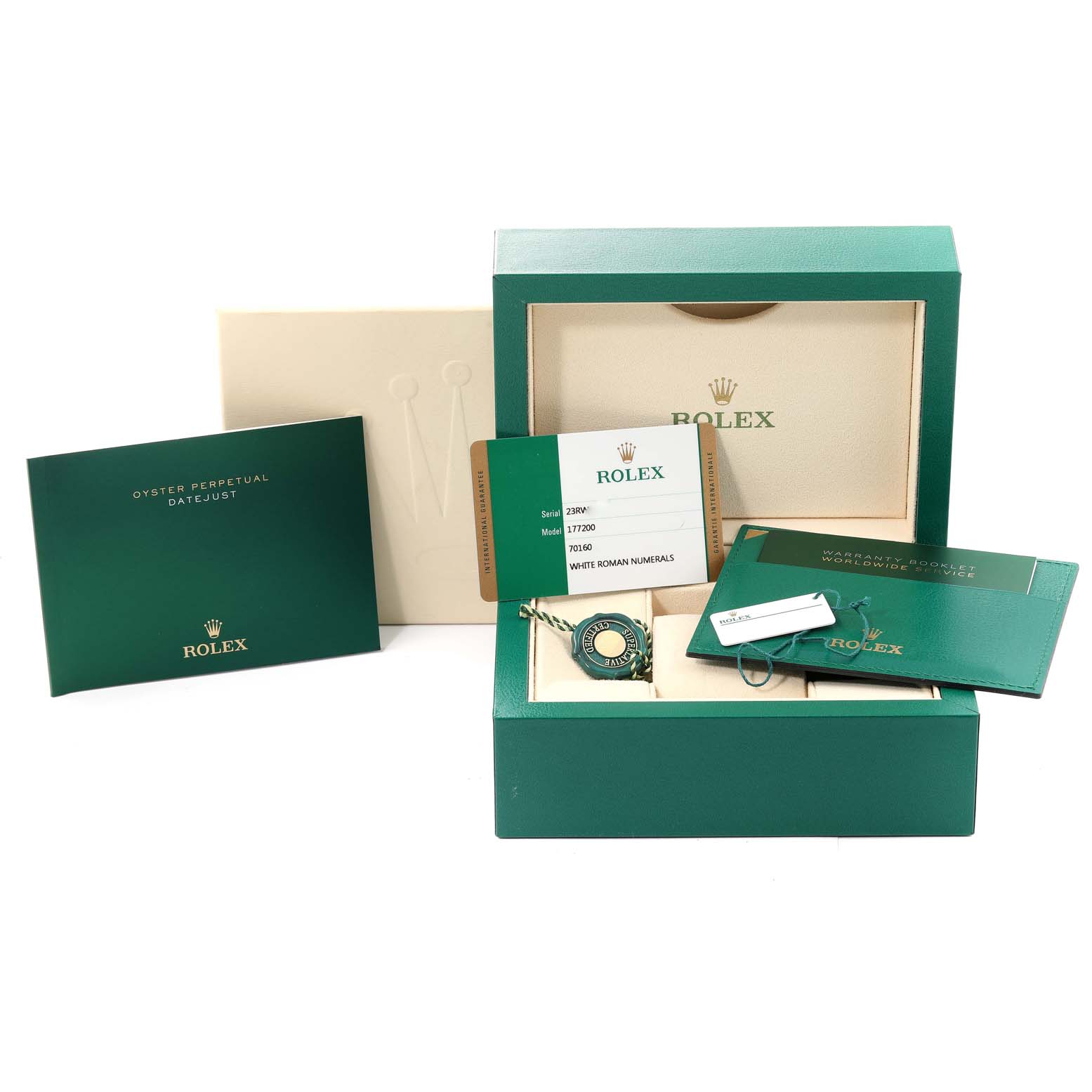The image displays the packaging, booklets, and accessories for a Rolex Mid-Size 177200 Women
s Stainless Steel White Dial 177200 Women
s Stainless Steel White Dial Oyster Perpetual Datejust watch.