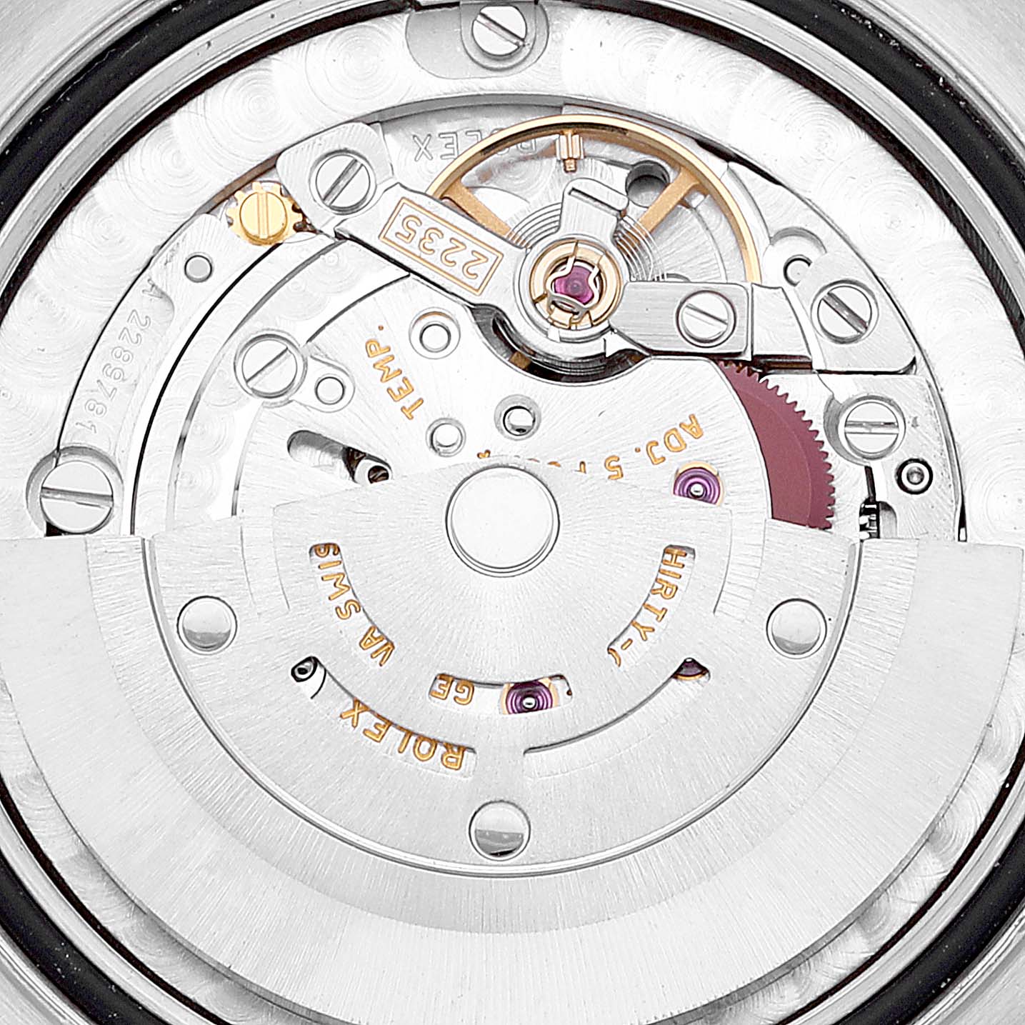 This image shows a close-up of the Rolex Pearlmaster 81209 Women's White Gold Mother of Pearl Dial 81209 Women's White Gold Mother of Pearl Dial watch movement mechanism, highlighting the intricate internal components.