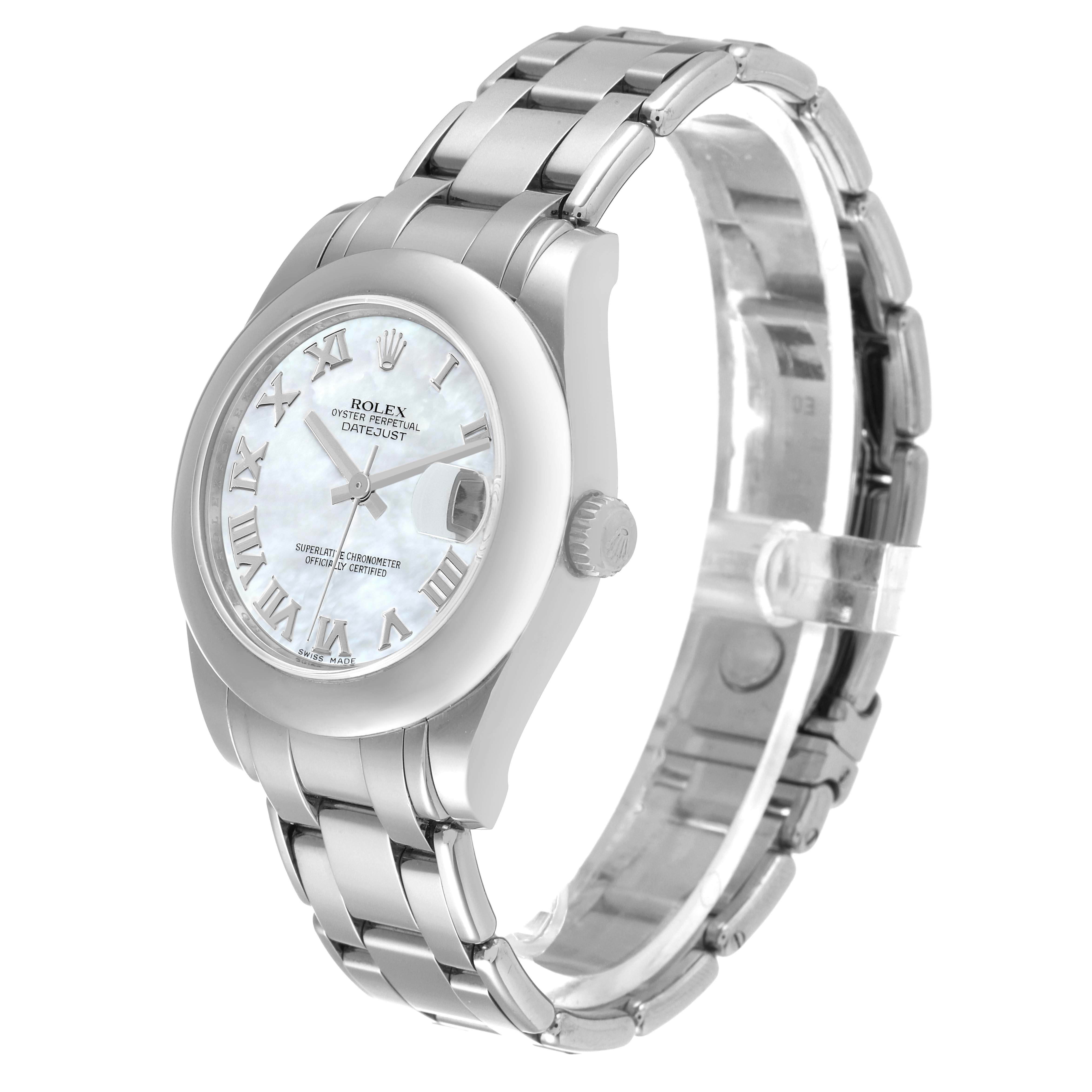 The Rolex Pearlmaster 81209 Women's White Gold Mother of Pearl Dial 81209 Women's White Gold Mother of Pearl Dial watch is shown at a slight angle, displaying the full dial, case, crown, and bracelet.