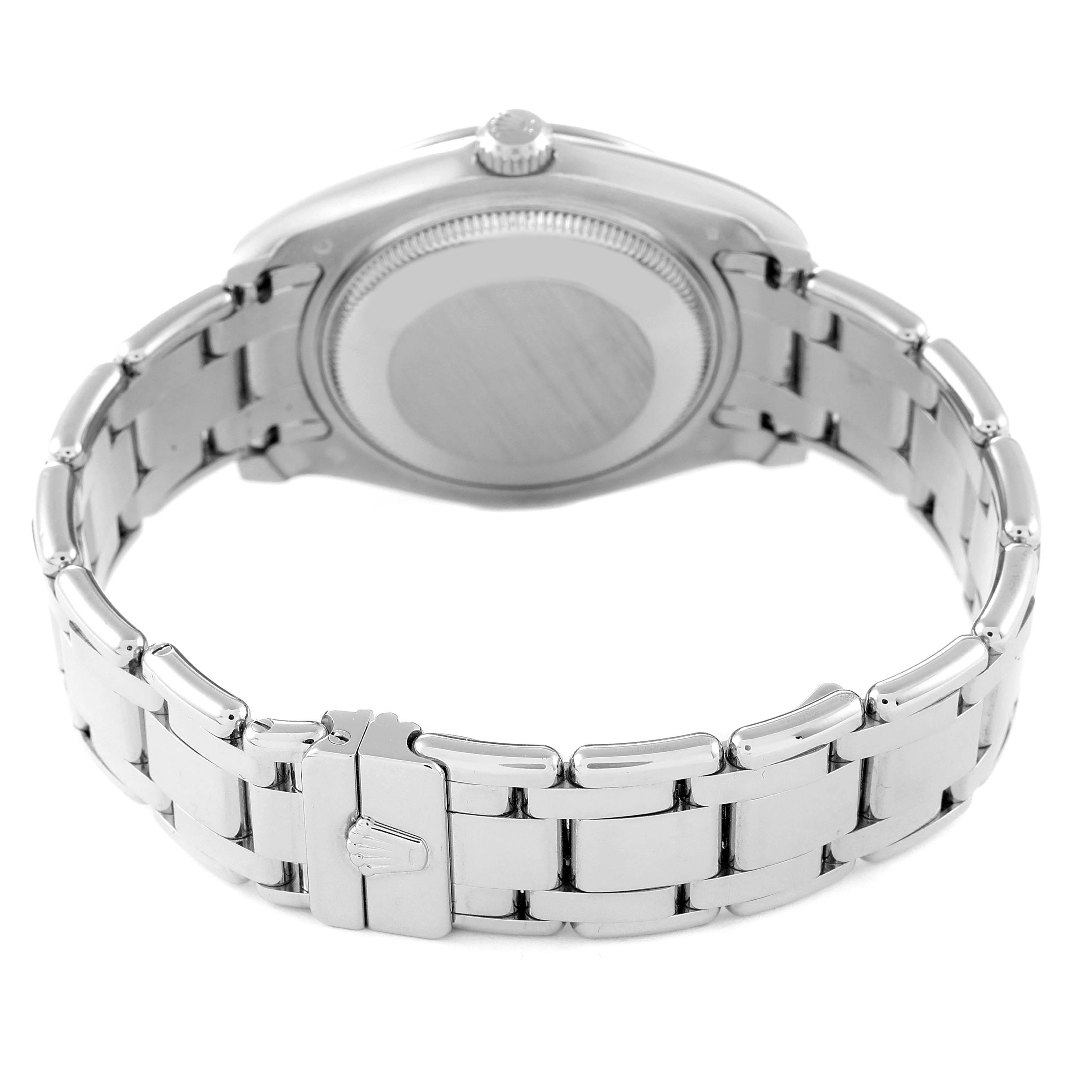 This image shows the back view of a Rolex Pearlmaster 81209 Women's White Gold Mother of Pearl Dial 81209 Women's White Gold Mother of Pearl Dial watch, highlighting its bracelet and clasp.