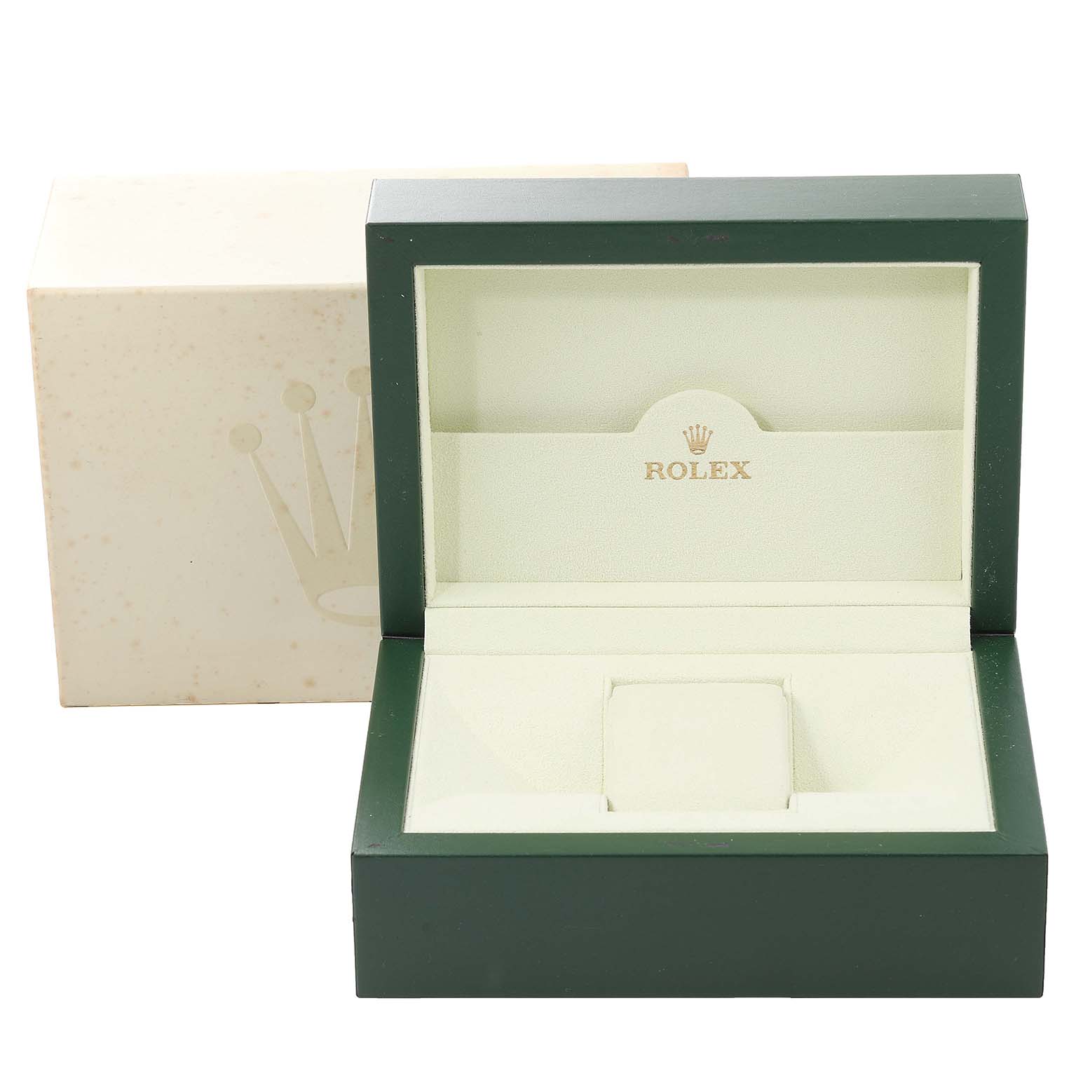The image shows an open green Rolex watch box for the Pearlmaster model, revealing its cream-colored interior.