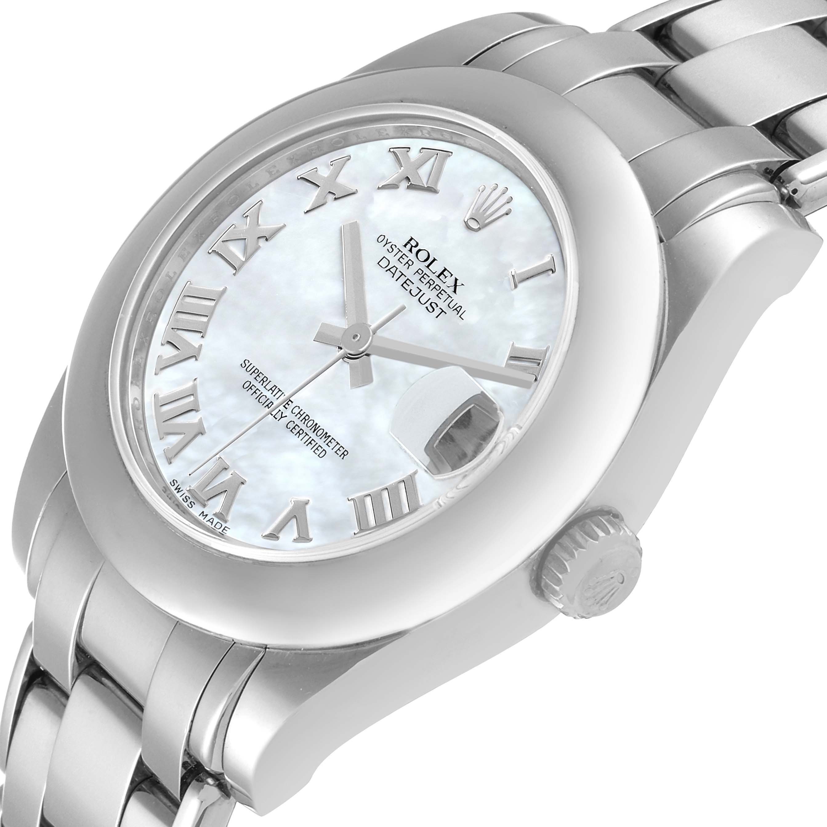 This image shows a Rolex Pearlmaster 81209 Women's White Gold Mother of Pearl Dial 81209 Women's White Gold Mother of Pearl Dial watch from an angled close-up, featuring the dial, bezel, and part of the bracelet.