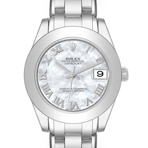 The Rolex Pearlmaster 81209 Women's White Gold Mother of Pearl Dial watch is shown from a top-down angle, highlighting the dial, bracelet, and date function.