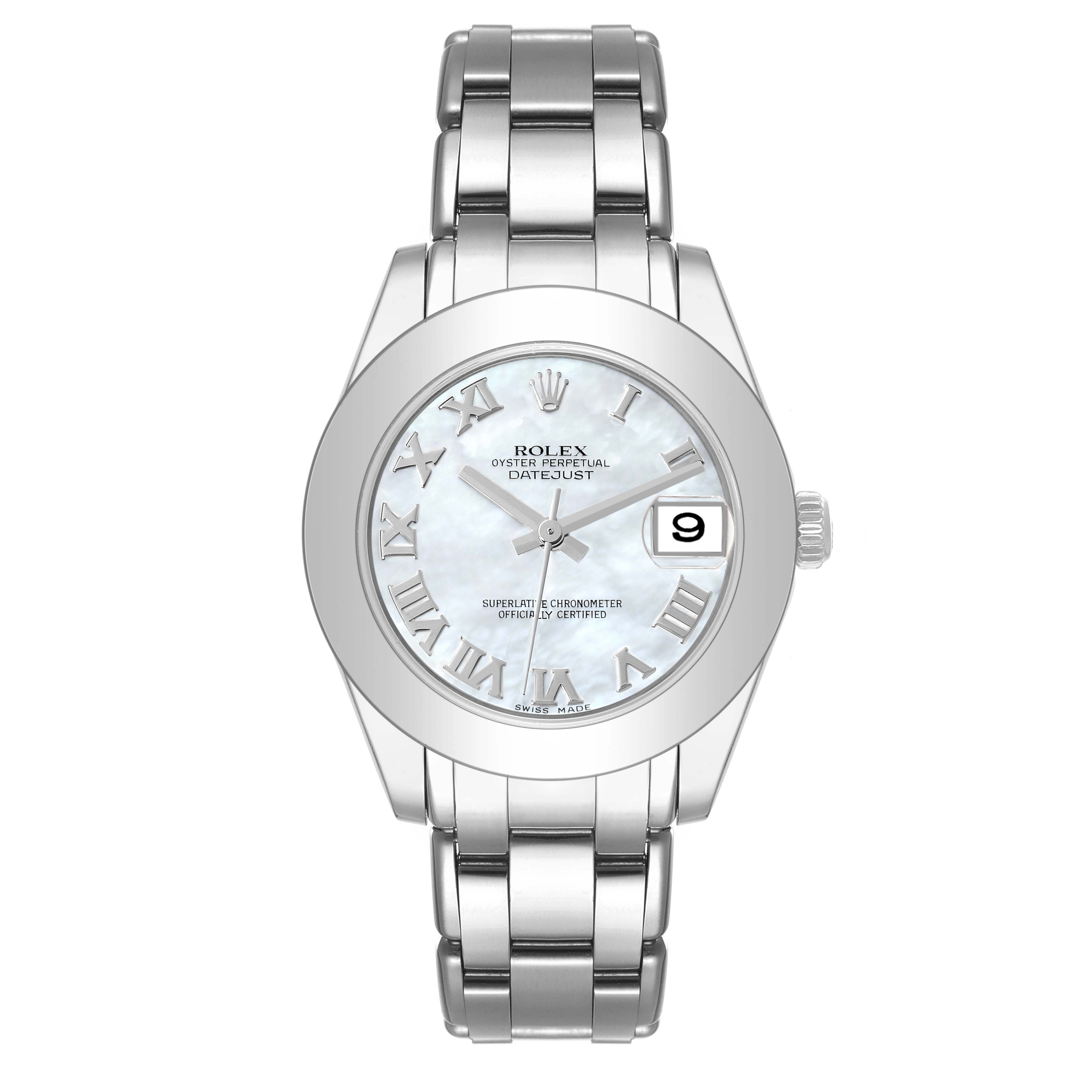 This image shows a front view of a Rolex Pearlmaster 81209 Women's White Gold Mother of Pearl Dial 81209 Women's White Gold Mother of Pearl Dial watch, highlighting its face, bracelet, and bezel.