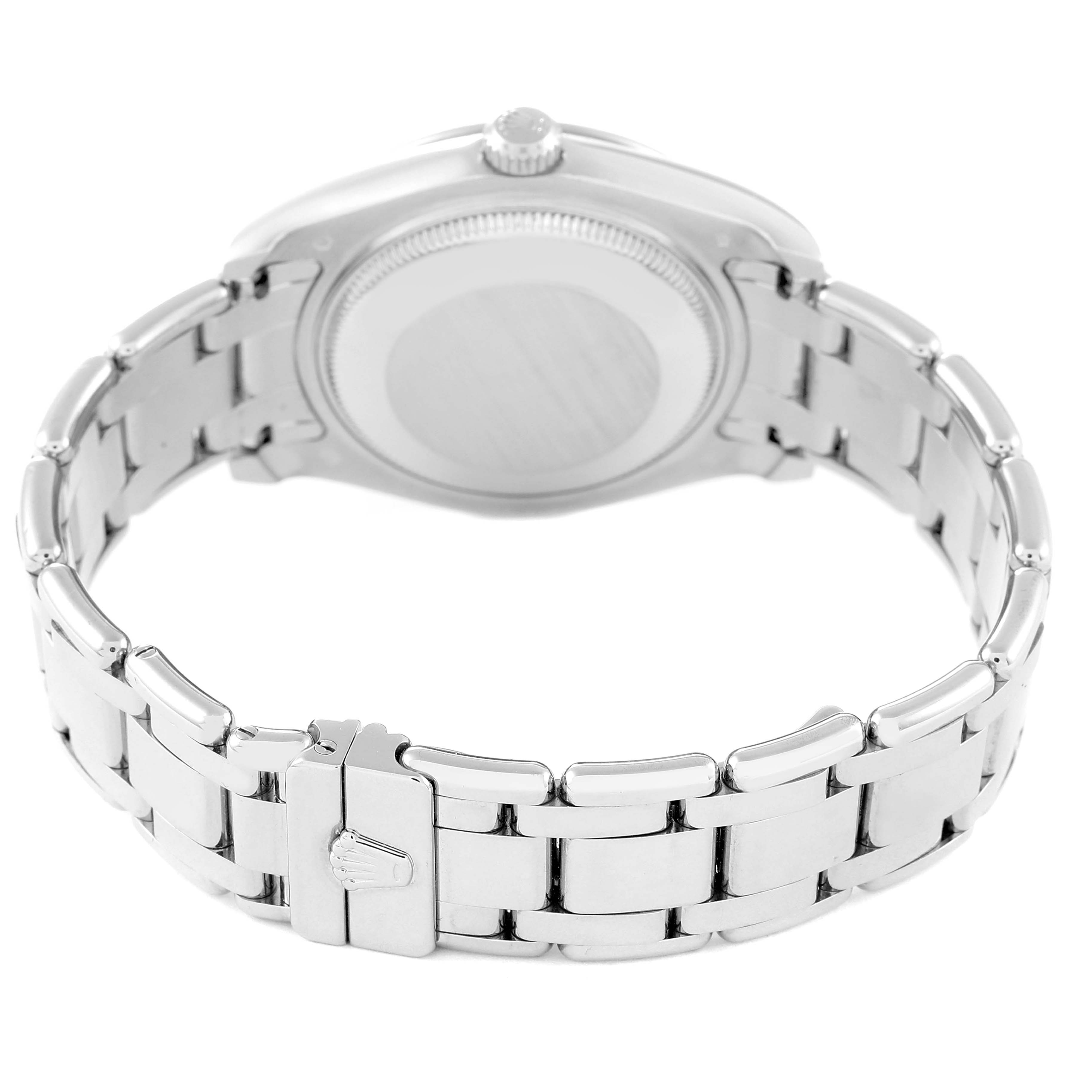 This image shows the back case and clasp of a Rolex Pearlmaster 81209 Women's White Gold Mother of Pearl Dial watch with a focus on its metal bracelet.