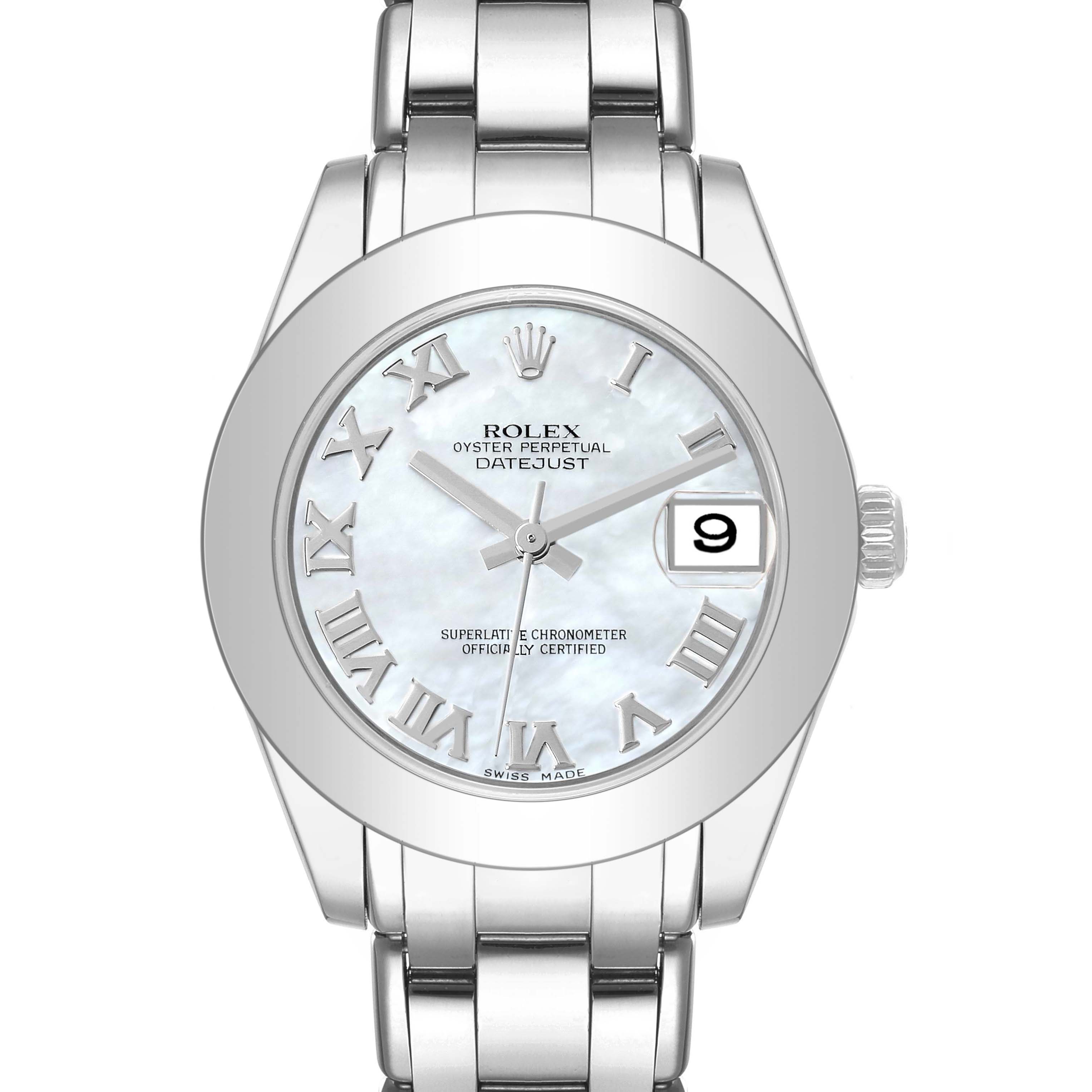 This is a front view of a Rolex Pearlmaster 81209 Women's White Gold Mother of Pearl Dial 81209 Women's White Gold Mother of Pearl Dial watch, showing the face, bezel, bracelet, and crown.