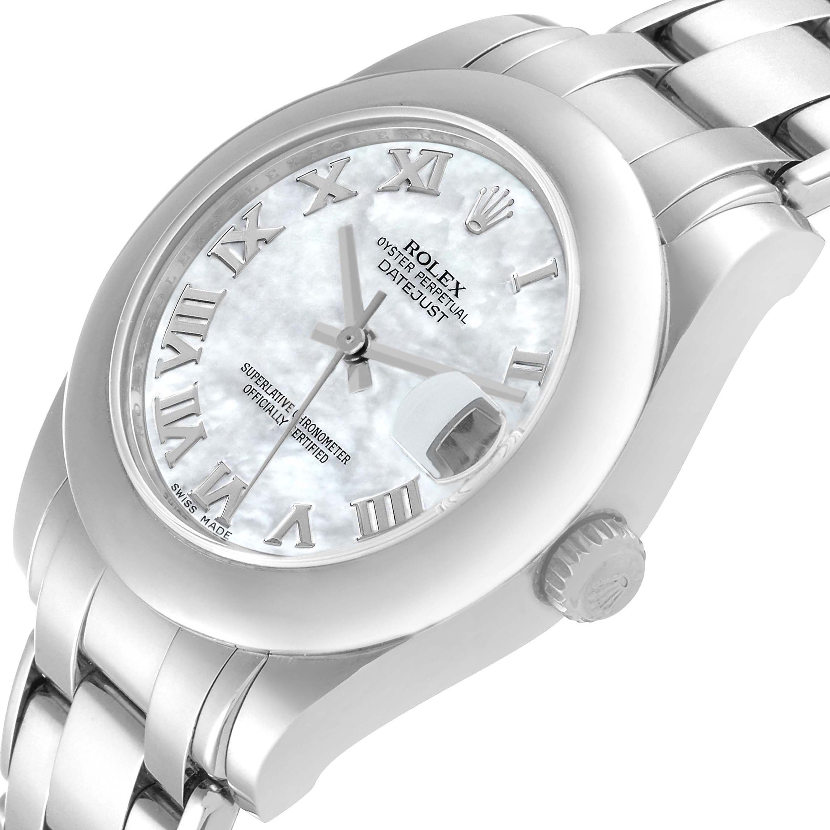 The Rolex Pearlmaster 81209 Women's White Gold Mother of Pearl Dial watch is shown at an angled close-up, highlighting the dial, bezel, crown, and part of the bracelet.