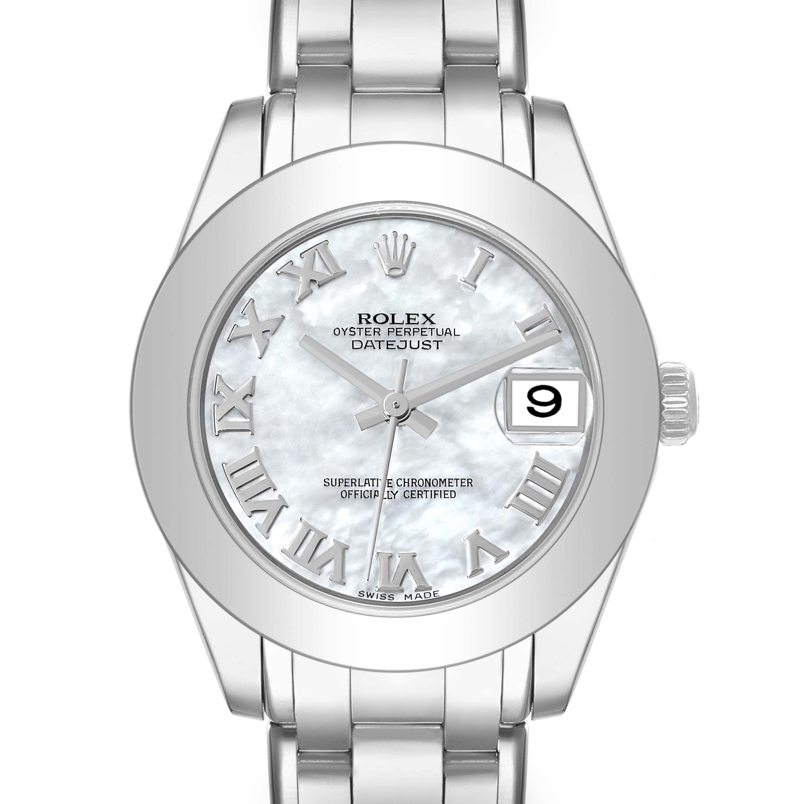 The Rolex Pearlmaster 81209 Women's White Gold Mother of Pearl Dial watch is shown from a top view, displaying its face, bezel, bracelet, and date window.