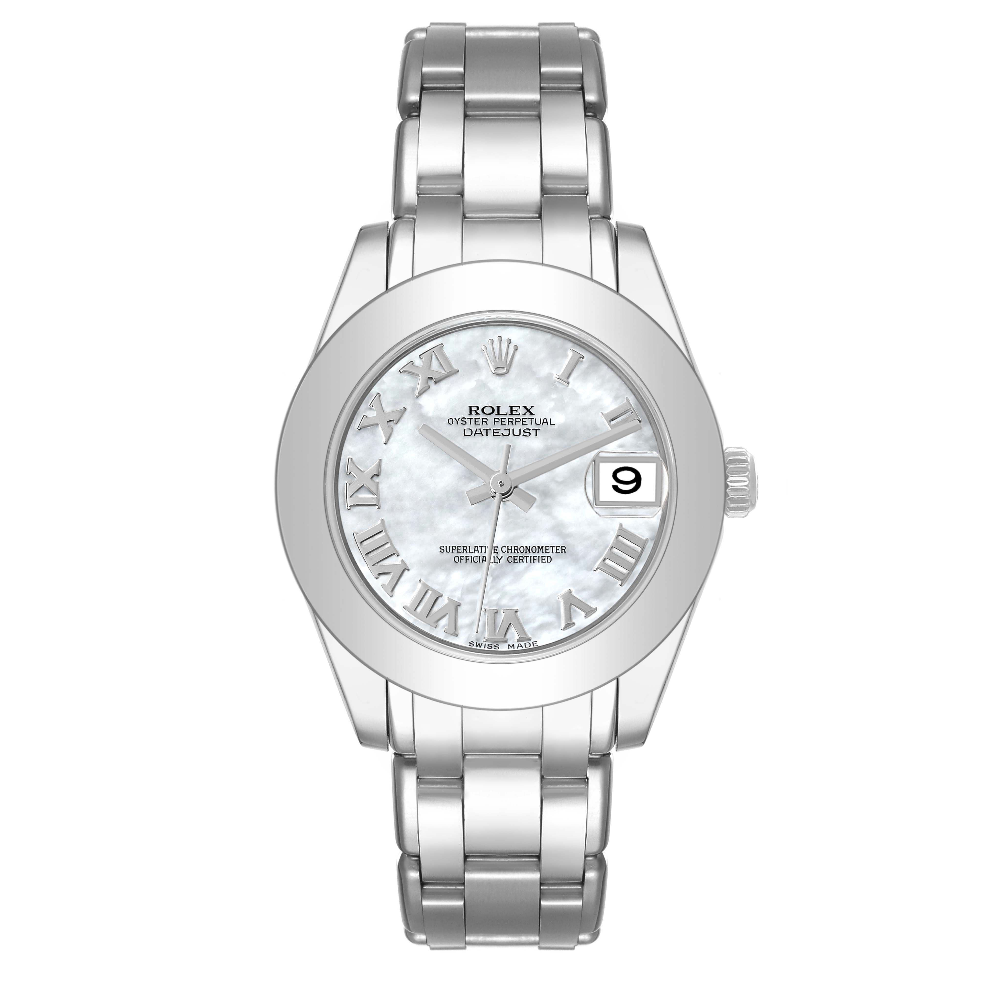 The image shows a front view of a Rolex Pearlmaster 81209 Women's White Gold Mother of Pearl Dial watch highlighting the dial, bezel, bracelet, and crown.