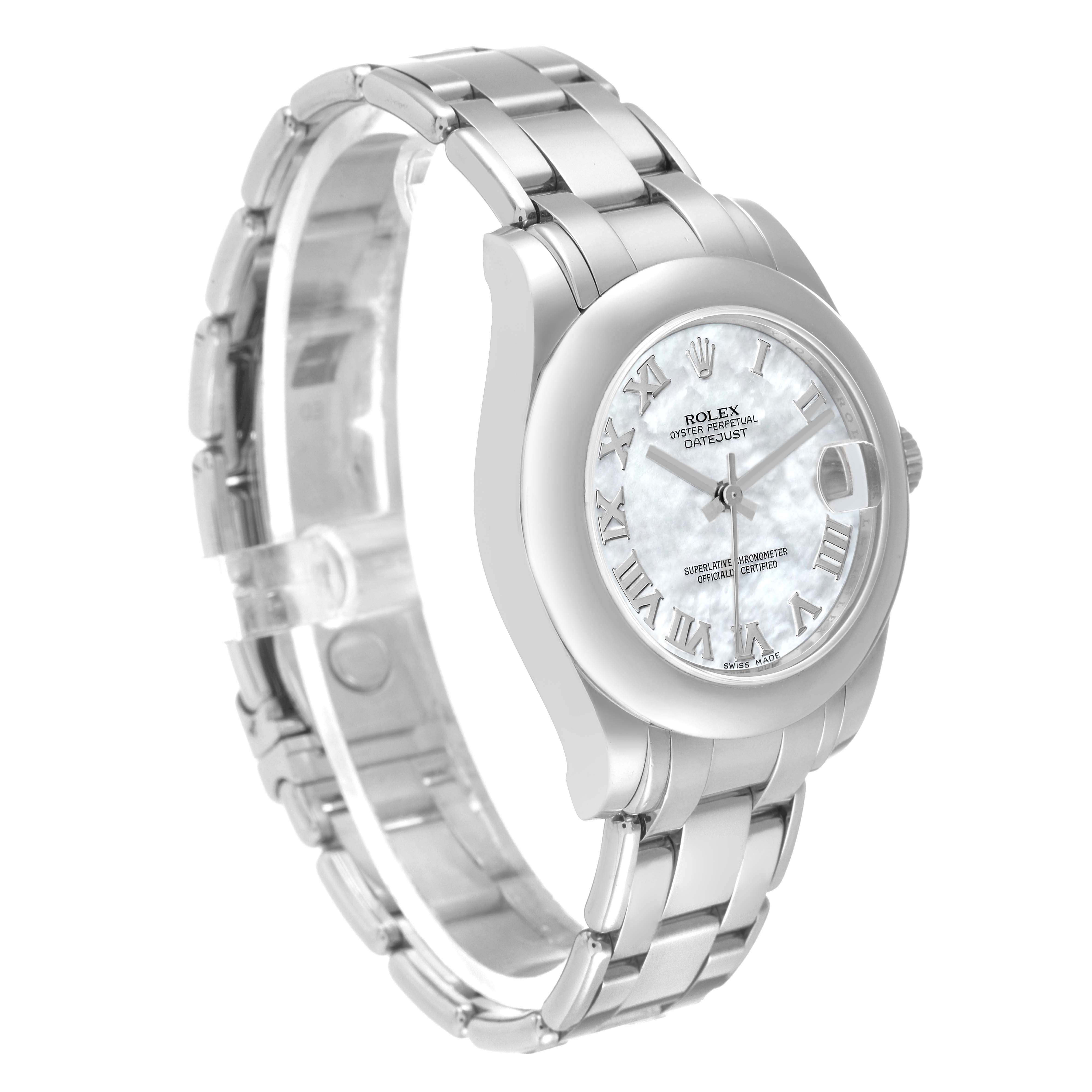The Rolex Pearlmaster 81209 Women's White Gold Mother of Pearl Dial watch is shown at a three-quarter angle, highlighting the dial, bracelet, and side profile.