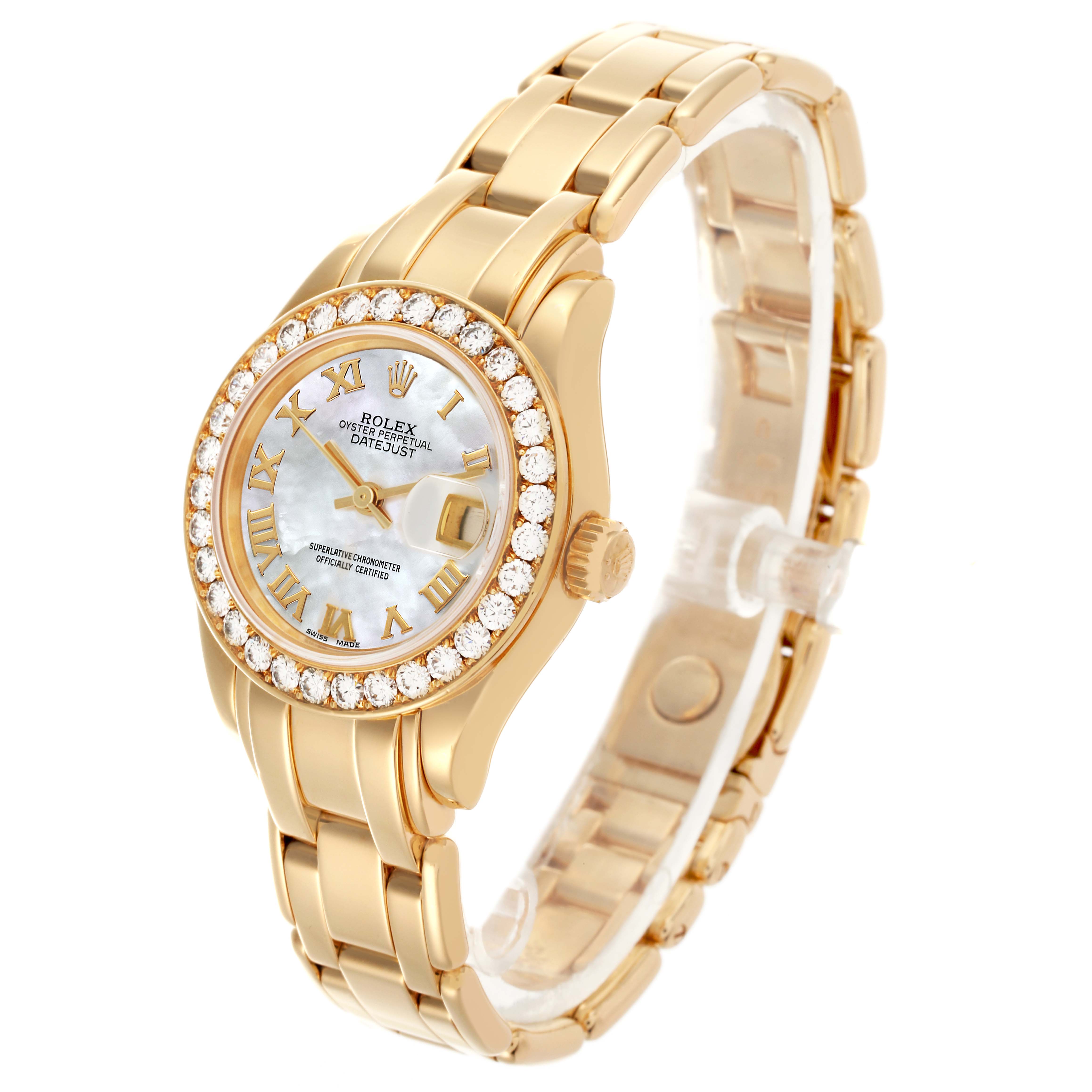 The Rolex Pearlmaster 69298 Women's Yellow Gold Mother of Pearl Dial 69298 Women's Yellow Gold Mother of Pearl Dial watch is shown at a three-quarter angle, displaying the face, band, and bejeweled bezel.