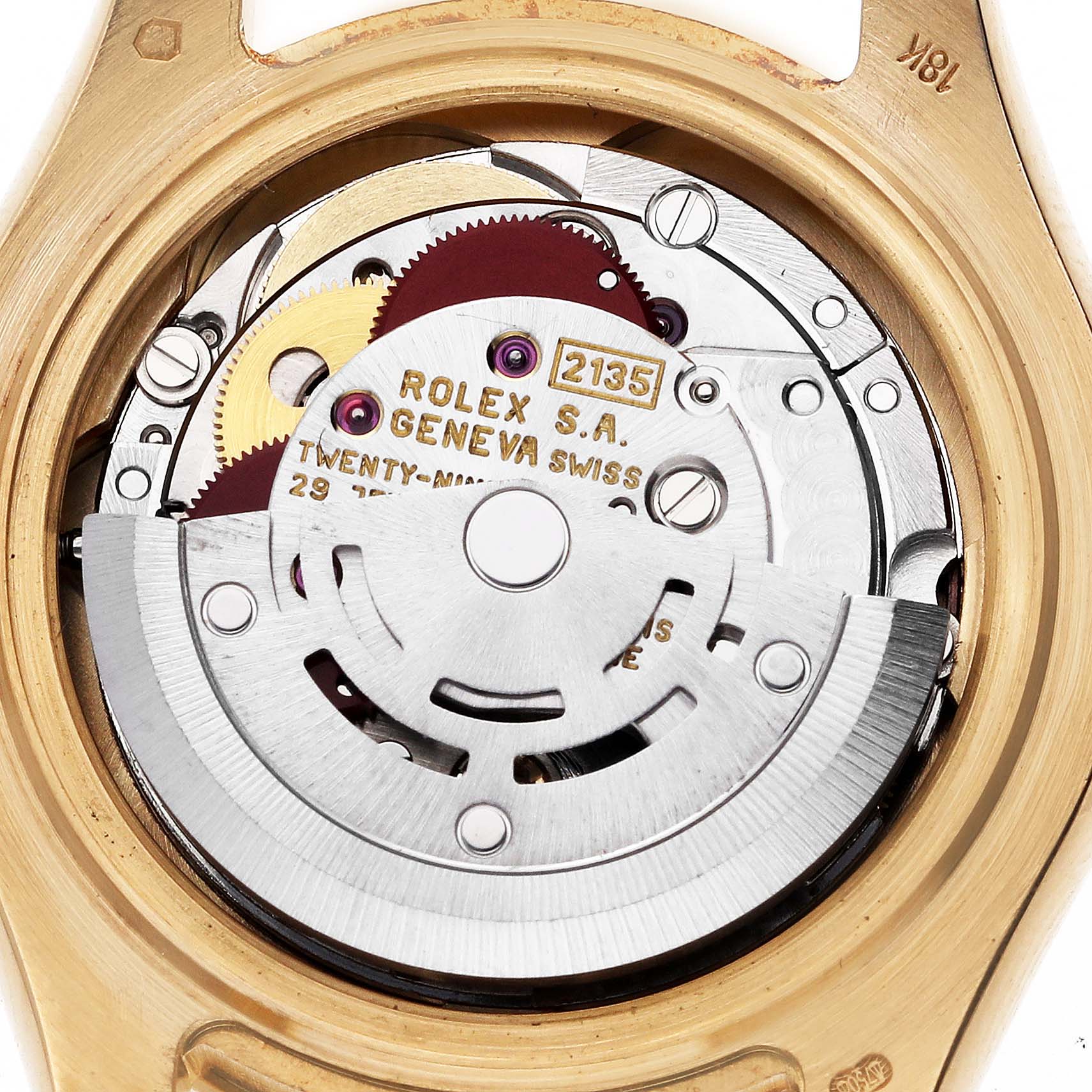 The image shows the movement of a Rolex Pearlmaster 69298 Women's Yellow Gold Mother of Pearl Dial 69298 Women's Yellow Gold Mother of Pearl Dial watch from the back, highlighting inner gears and mechanisms.