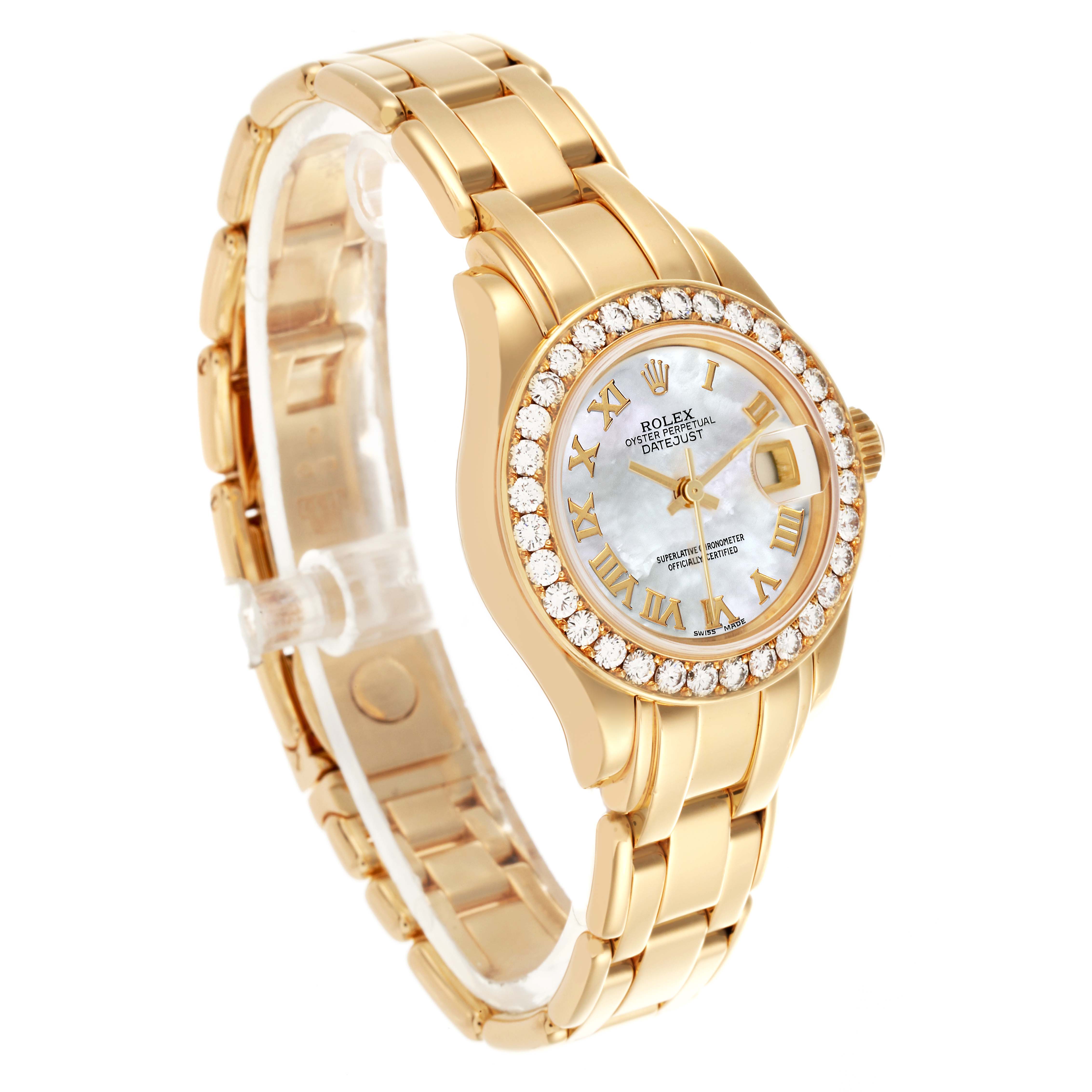 The Rolex Pearlmaster 69298 Women's Yellow Gold Mother of Pearl Dial 69298 Women's Yellow Gold Mother of Pearl Dial watch is shown at a three-quarter angle, displaying the dial, bezel, and bracelet.